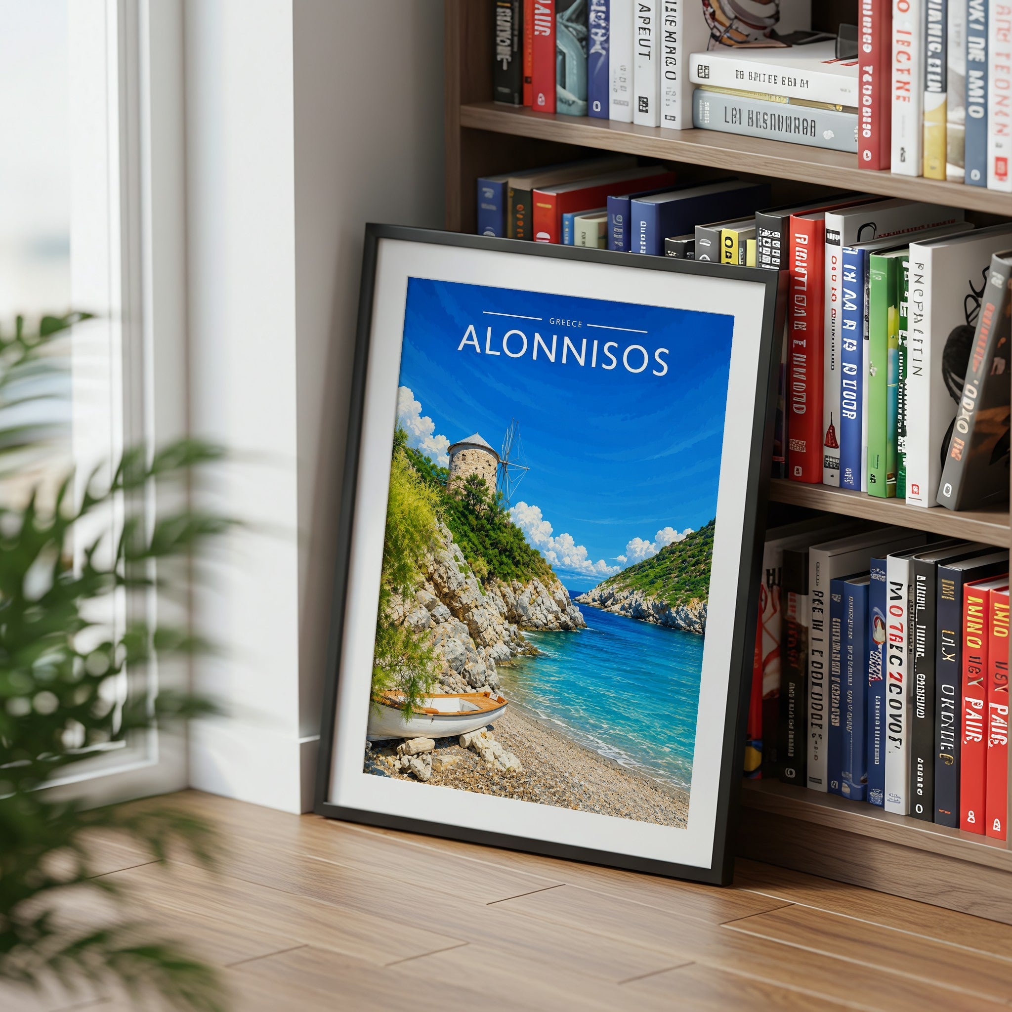 Alonnisos Travel Poster mounted in a black frame