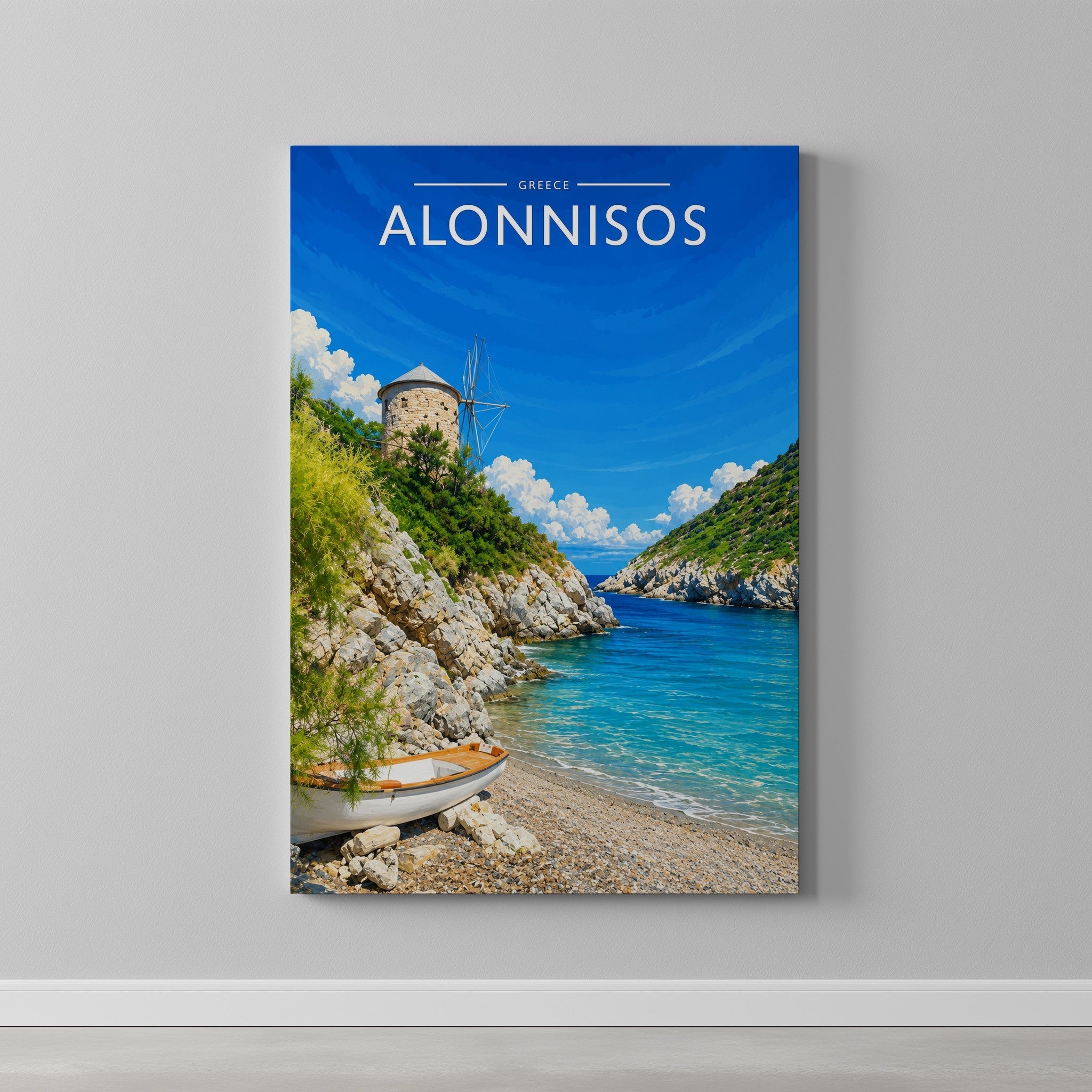 Alonnisos Travel Poster as a gallery-wrapped canvas on a plain wall