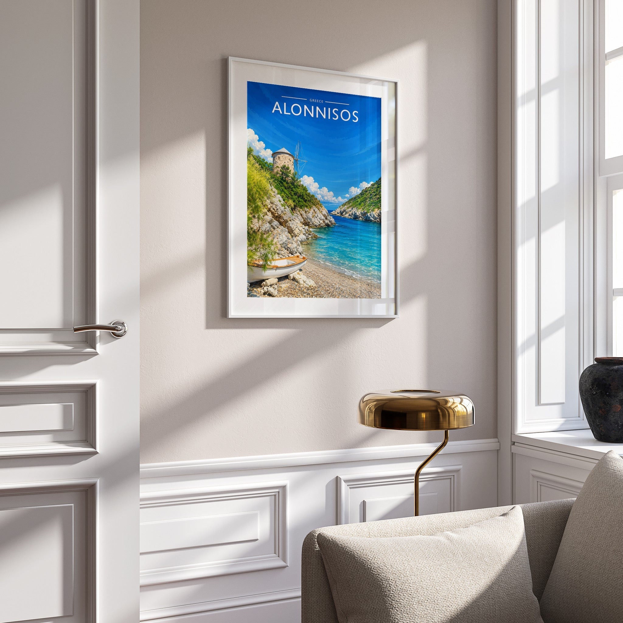 Alonnisos Travel Poster mounted in a white frame