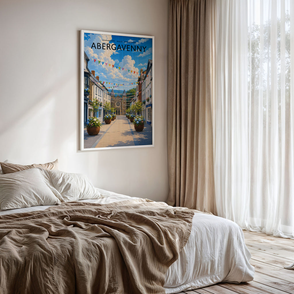 Abergavenny Travel Poster framed on a bedroom wall
