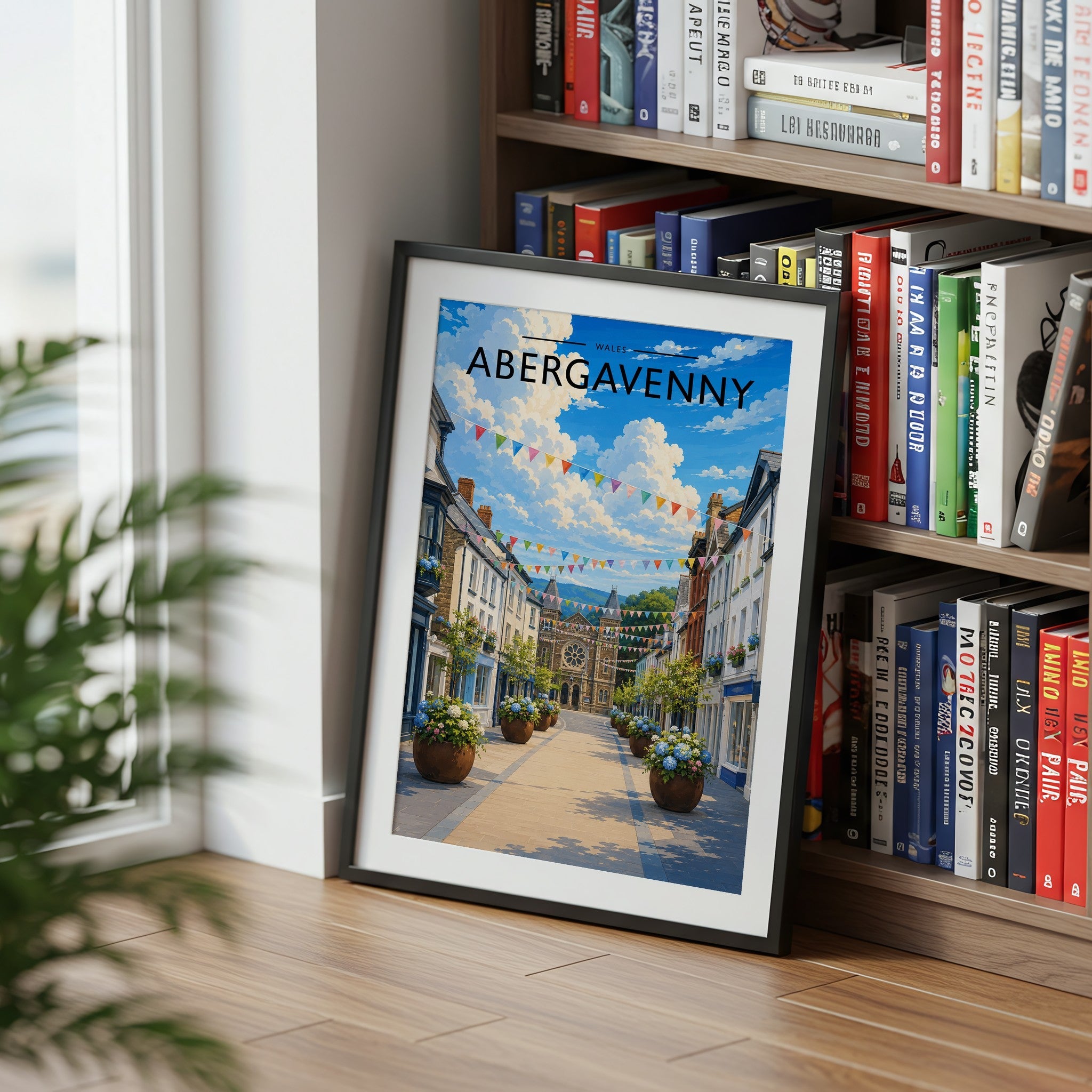 Abergavenny Travel Poster mounted in a black frame