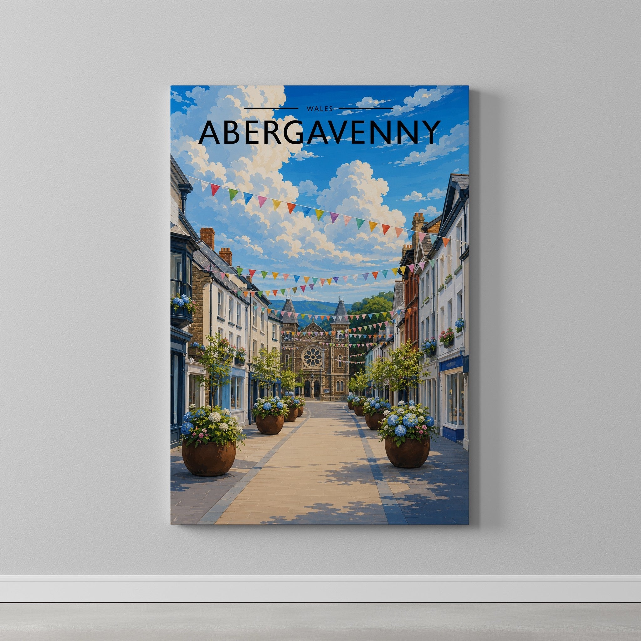 Abergavenny Travel Poster as a gallery-wrapped canvas on a plain wall