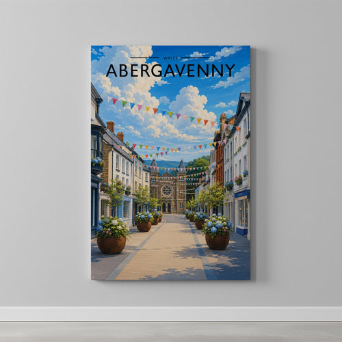 Abergavenny Travel Poster as a gallery-wrapped canvas on a plain wall