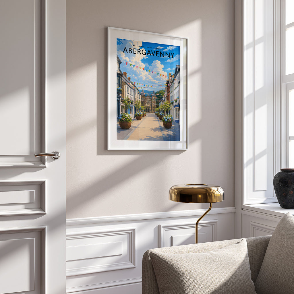 Abergavenny Travel Poster in a white frame on a panelled wall