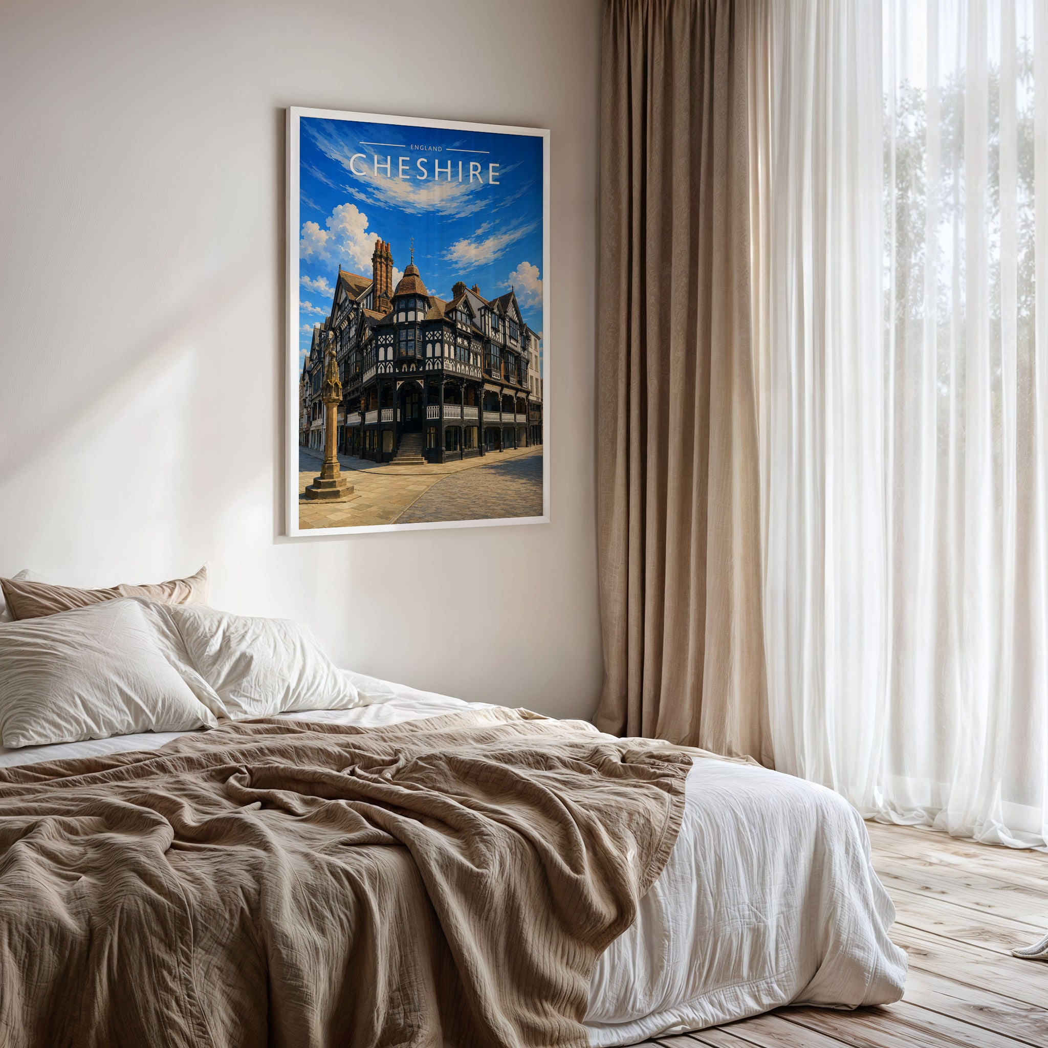 Cheshire #2 Travel Poster framed on a bedroom wall