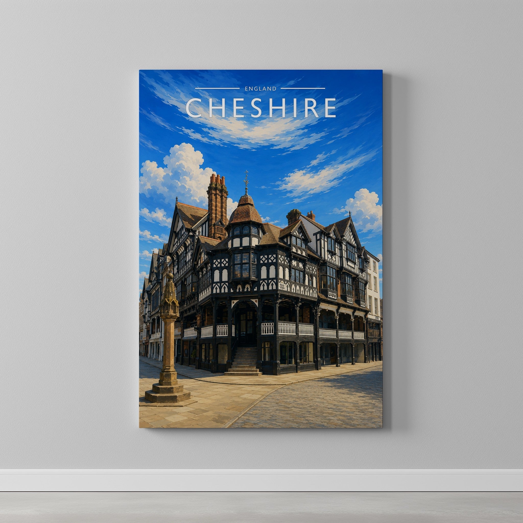 Cheshire #2 Travel Poster as a gallery-wrapped canvas on a plain wall