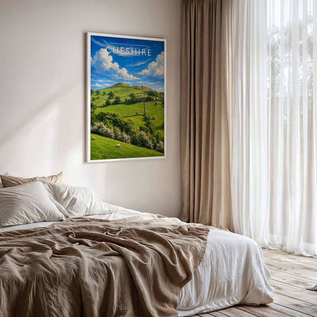 Cheshire #3 Travel Poster framed on a bedroom wall