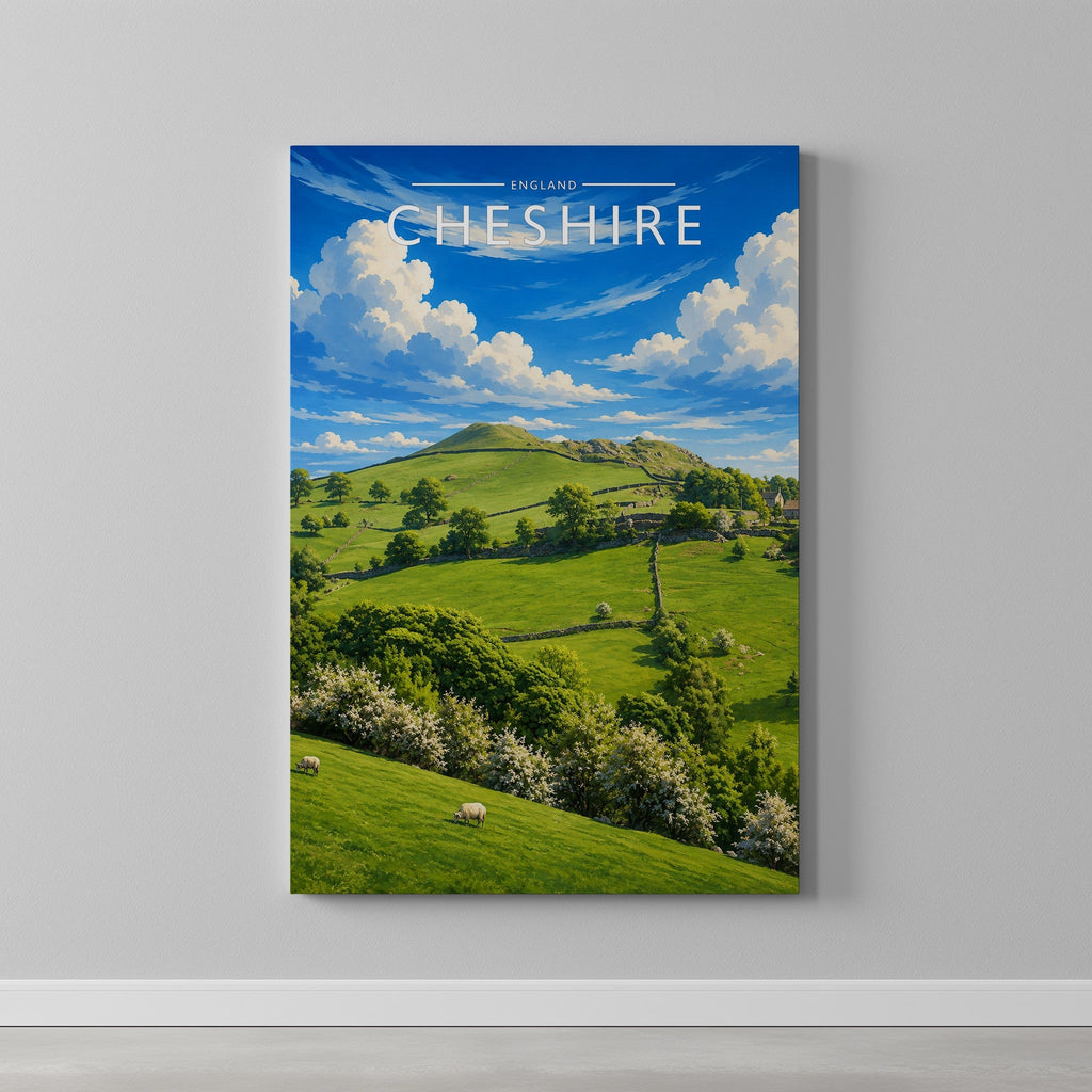 Cheshire #3 Travel Poster as a gallery-wrapped canvas on a plain wall