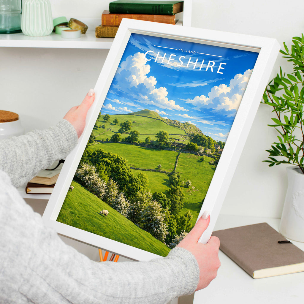 Cheshire #3 Travel Poster in a white frame, held to show scale