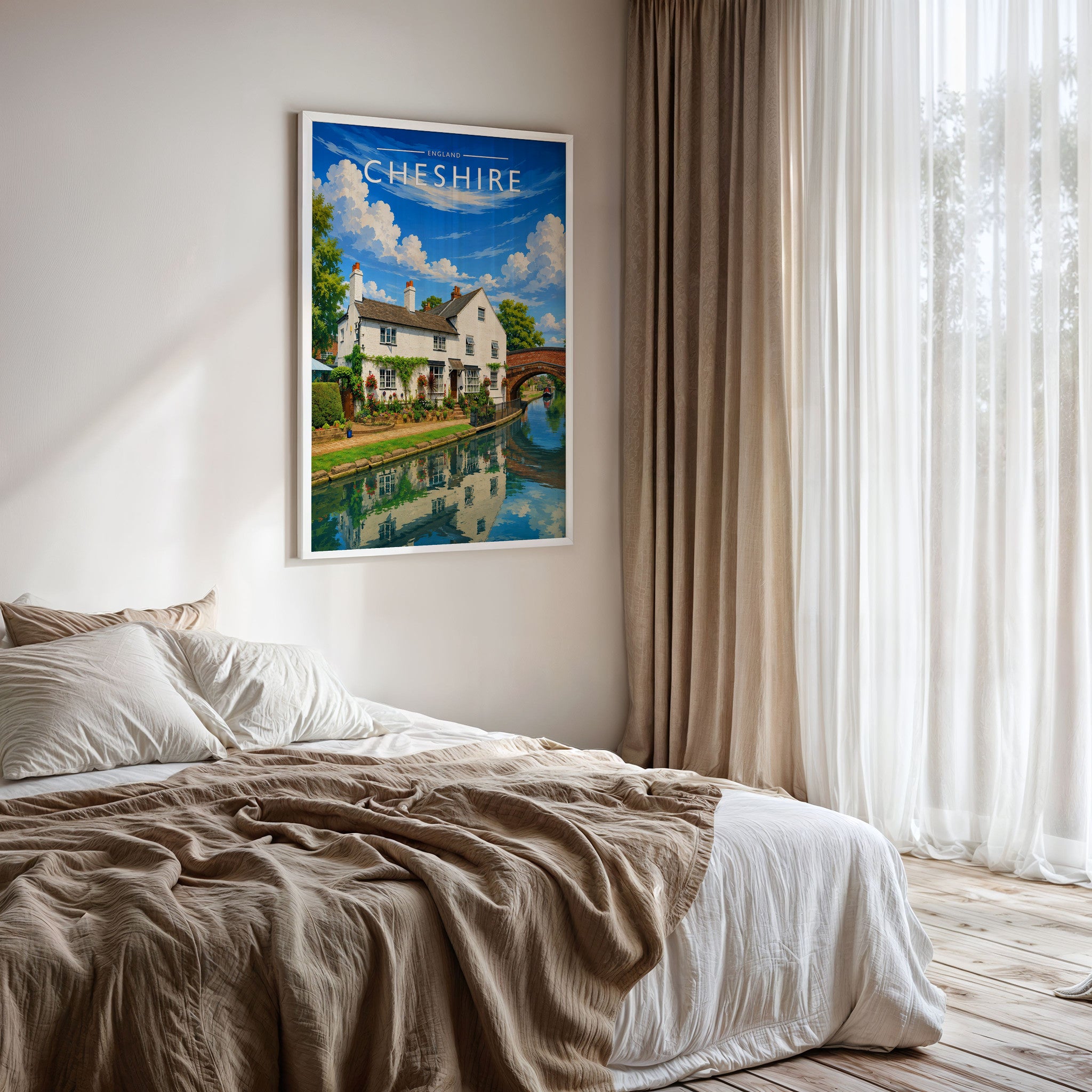 Cheshire #4 Travel Poster framed on a bedroom wall