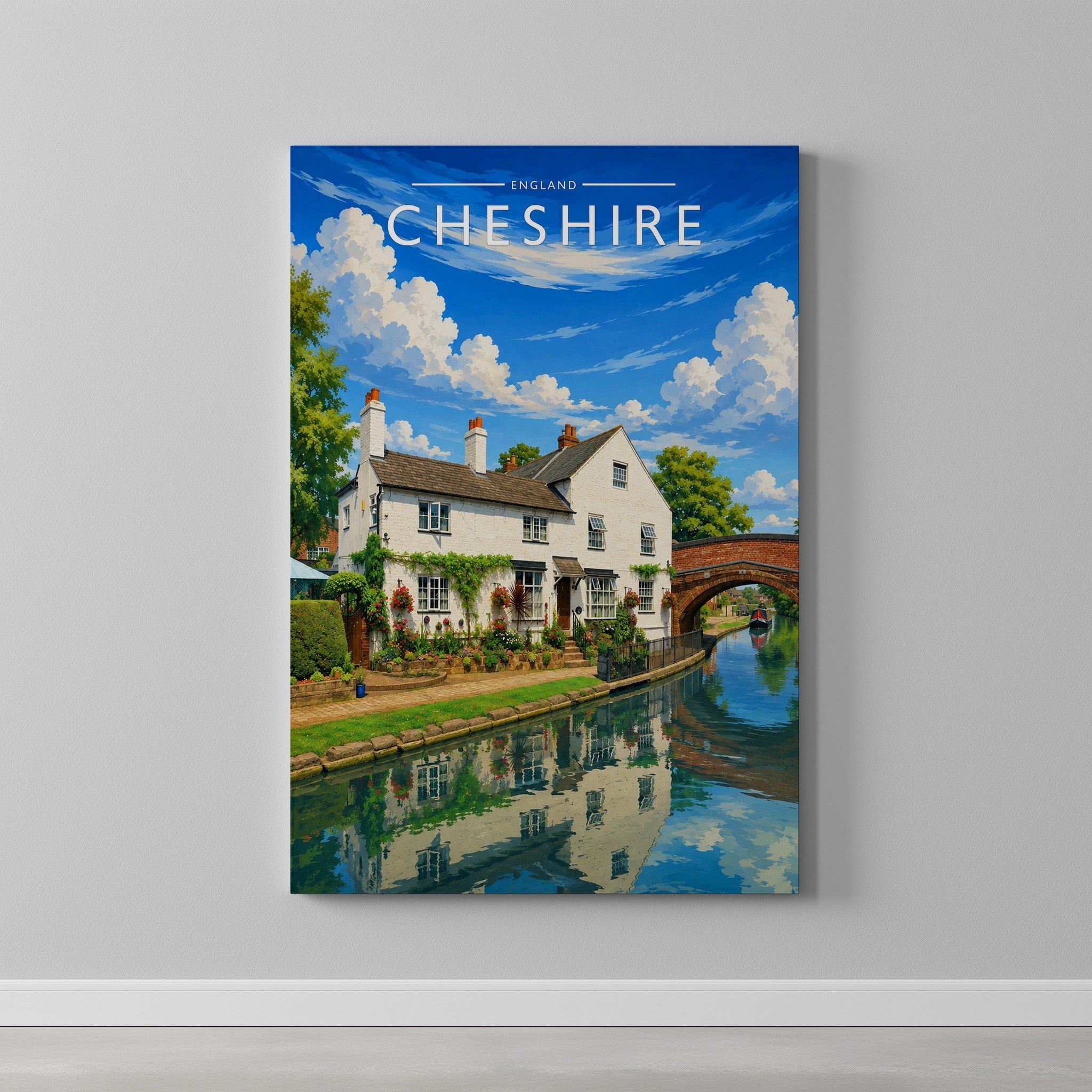 Cheshire #4 Travel Poster as a gallery-wrapped canvas on a plain wall