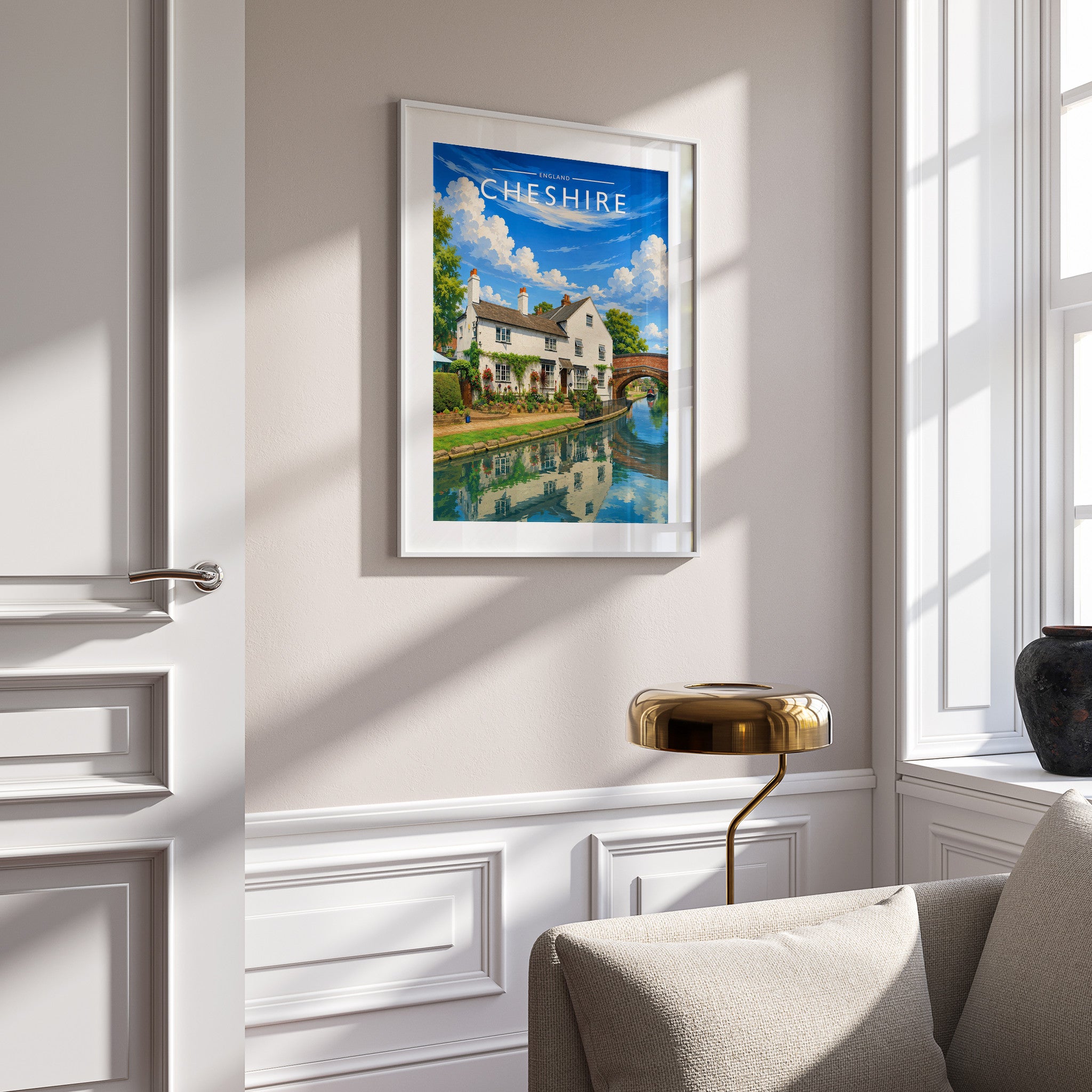 Cheshire #4 Travel Poster in a white frame on a panelled wall