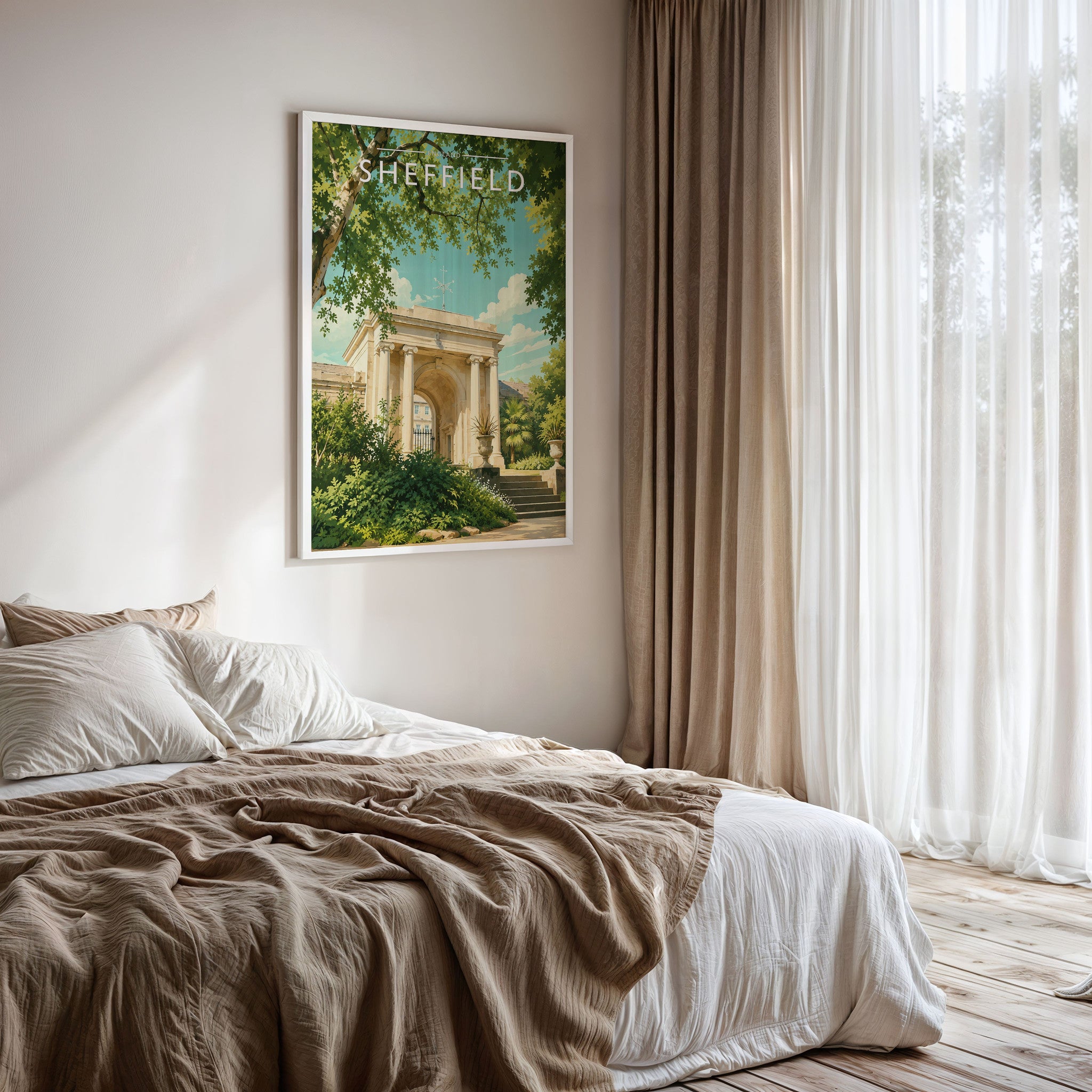 Sheffield #3 Travel Poster framed on a bedroom wall