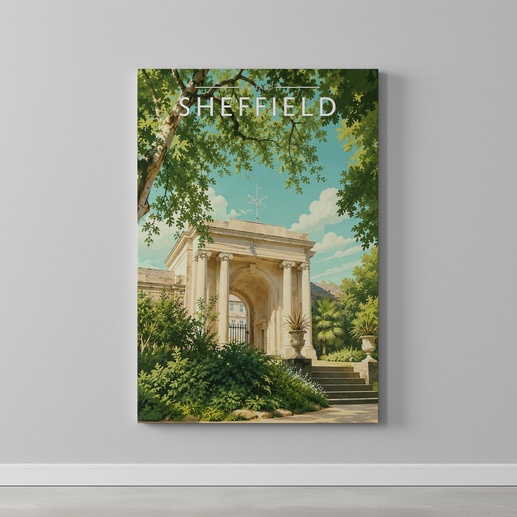 Sheffield #3 Travel Poster as a gallery-wrapped canvas on a plain wall