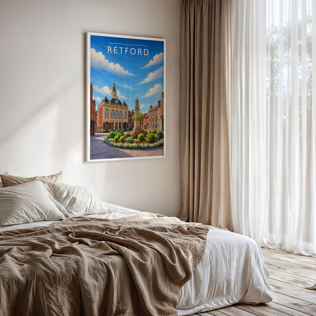Retford Travel Poster framed on a bedroom wall