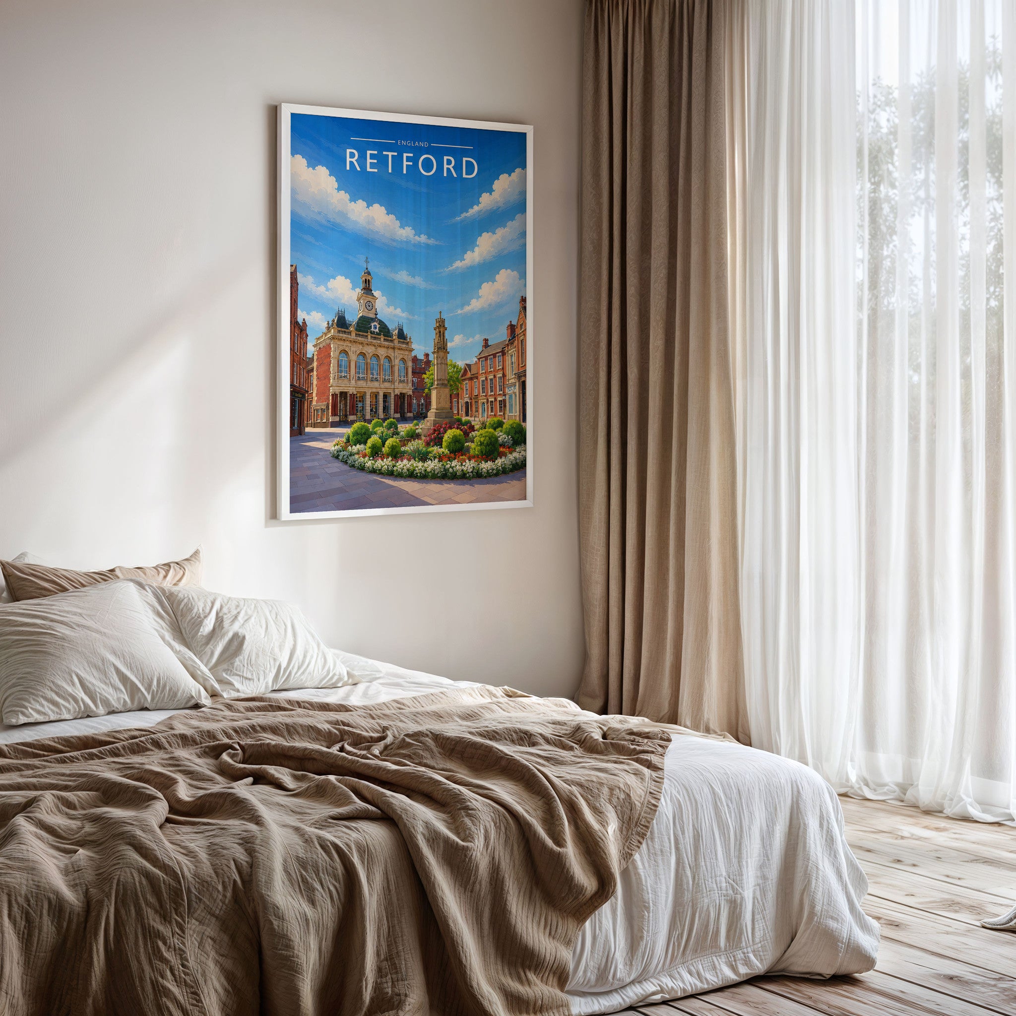 Retford Travel Poster framed on a bedroom wall