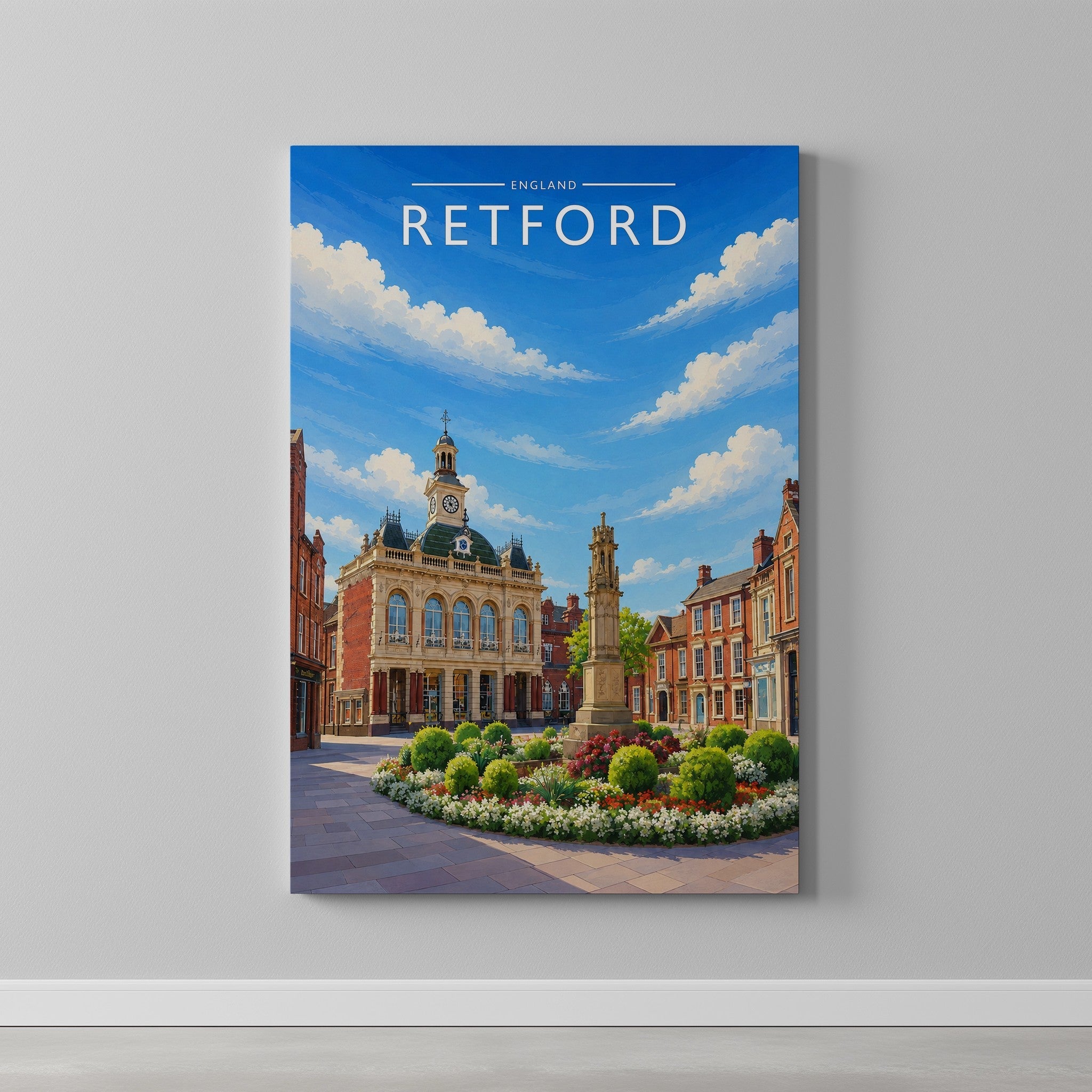 Retford Travel Poster as a gallery-wrapped canvas on a plain wall