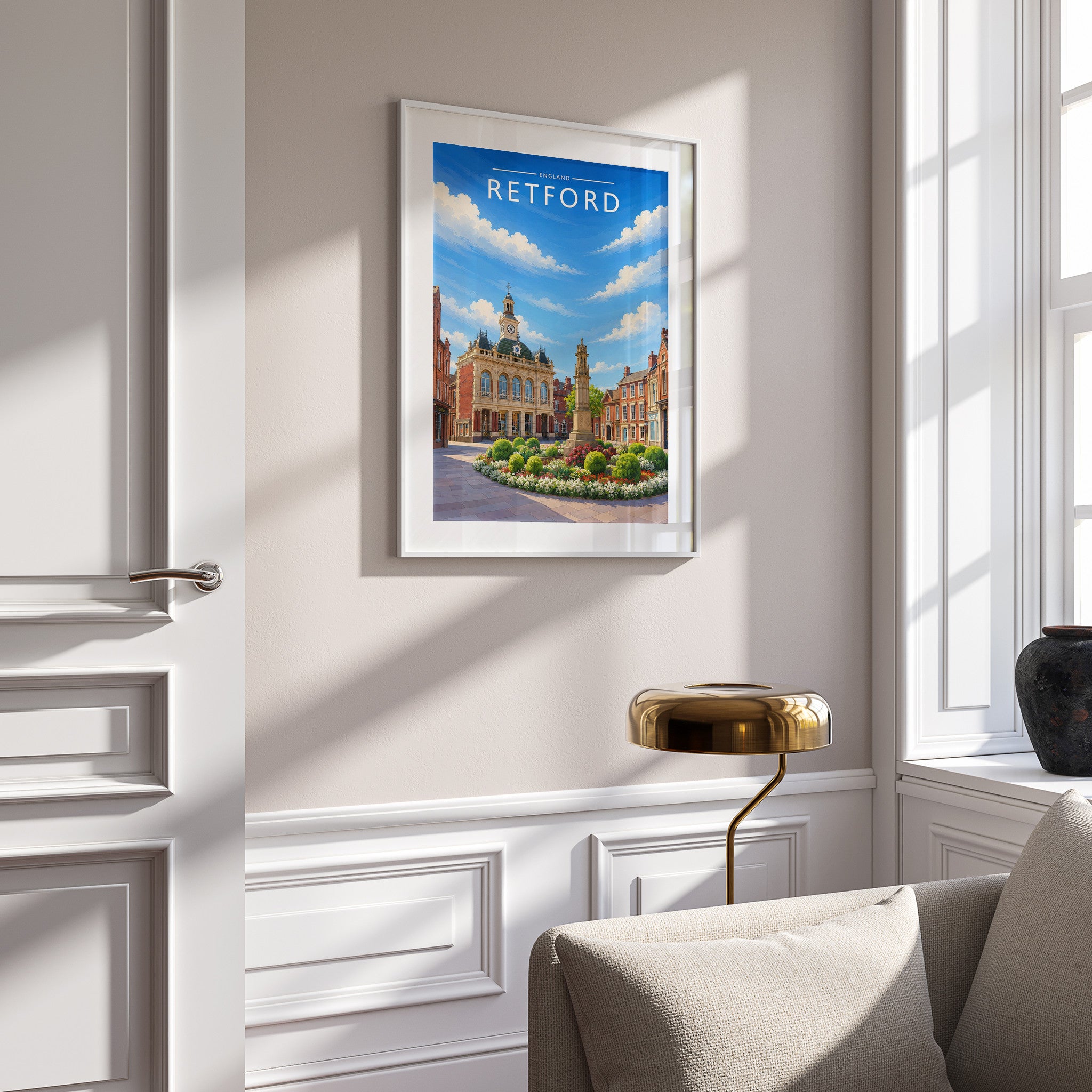 Retford Travel Poster in a white frame on a panelled wall