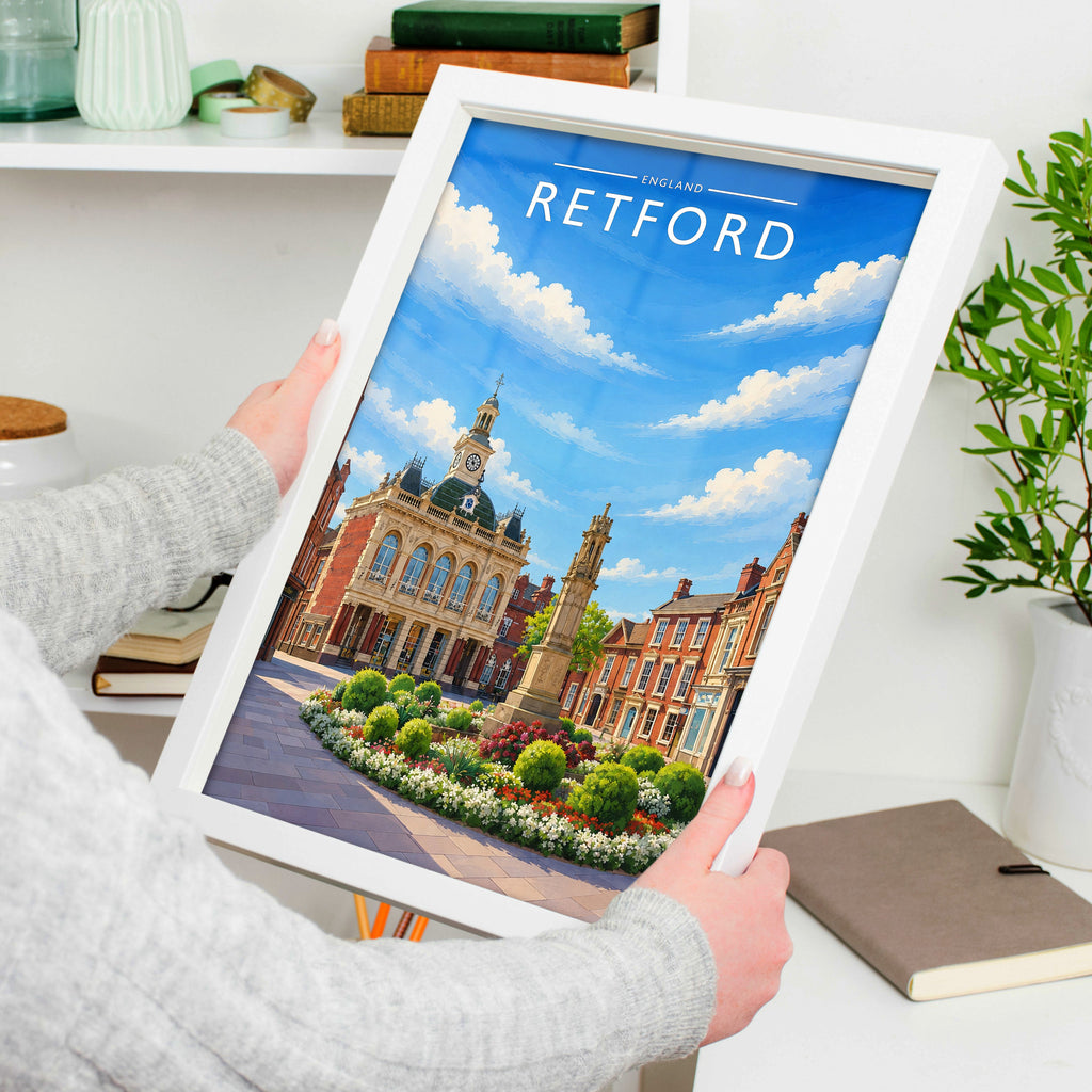Retford Travel Poster in a white frame, held to show scale