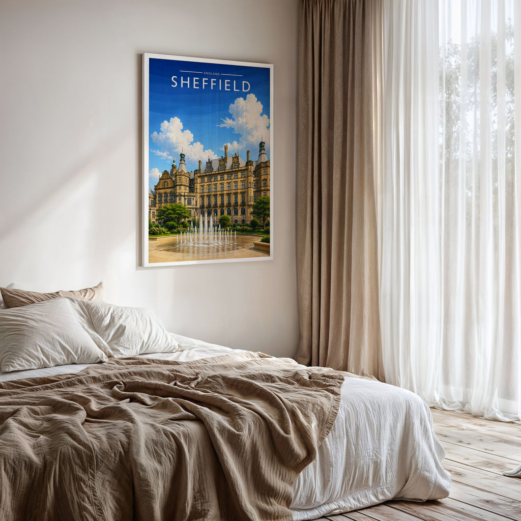 Sheffield #4 Travel Poster framed on a bedroom wall
