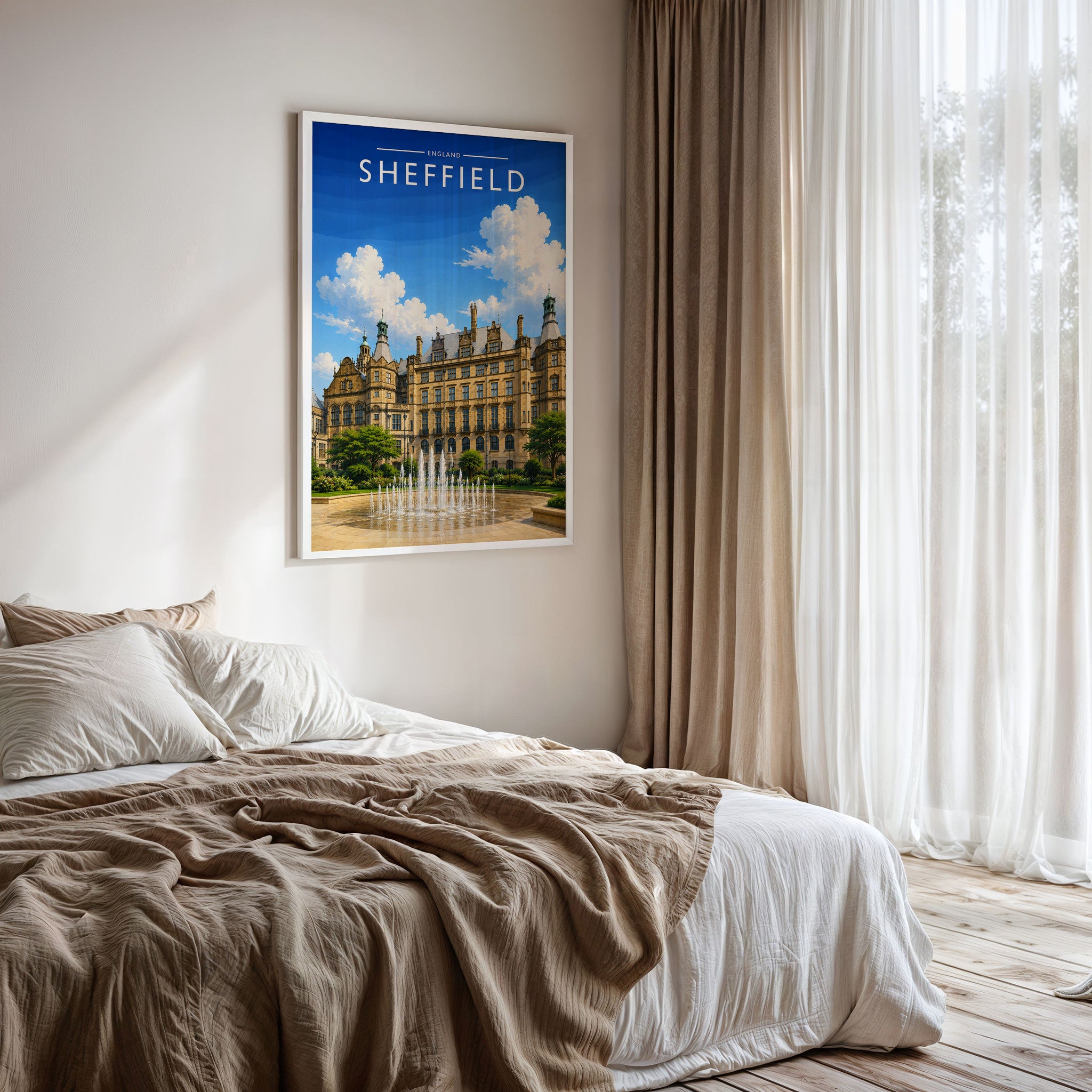 Sheffield #4 Travel Poster framed on a bedroom wall