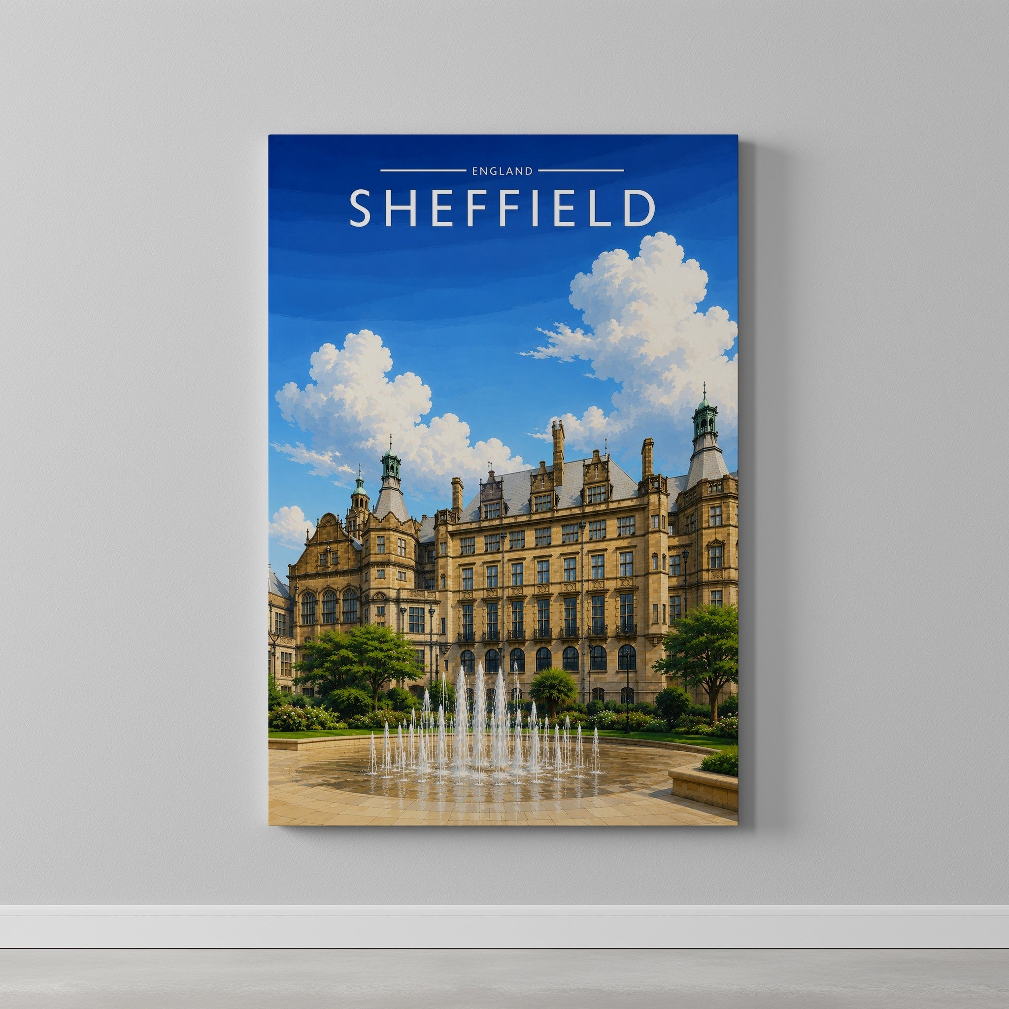 Sheffield #4 Travel Poster as a gallery-wrapped canvas on a plain wall
