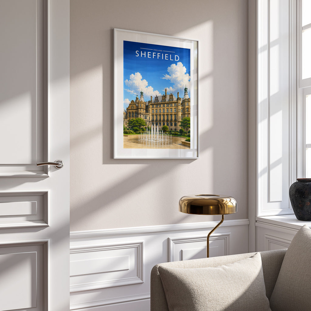 Sheffield #4 Travel Poster in a white frame on a panelled wall