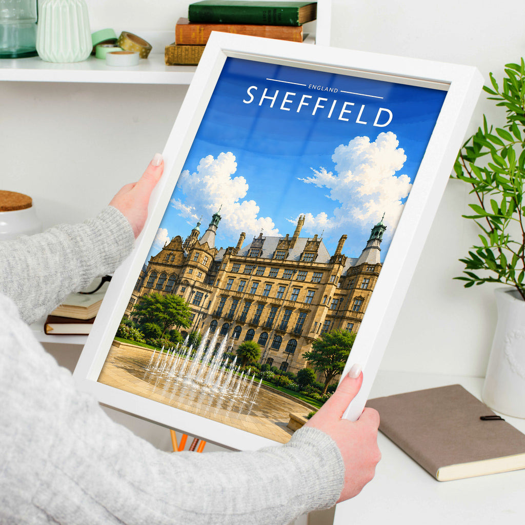 Sheffield #4 Travel Poster in a white frame, held to show scale
