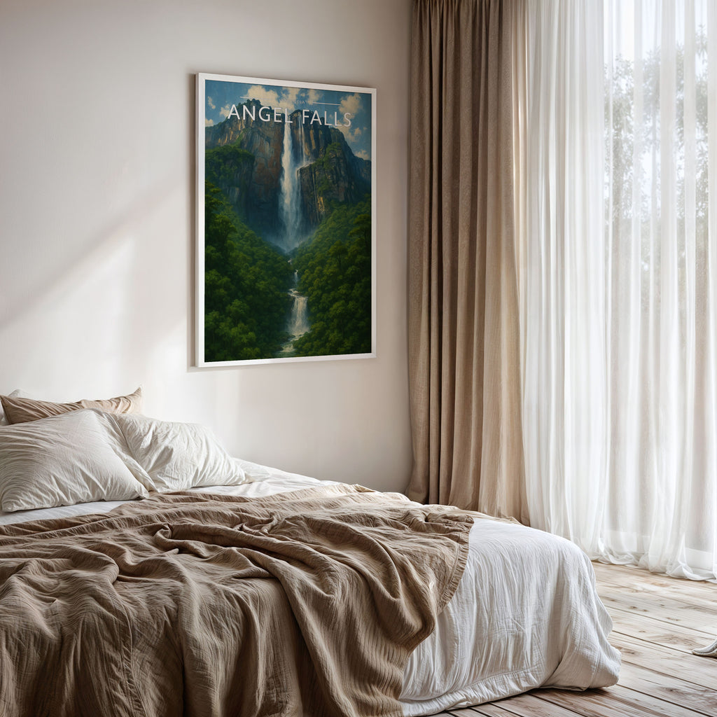 Angel Falls Travel Poster framed on a bedroom wall
