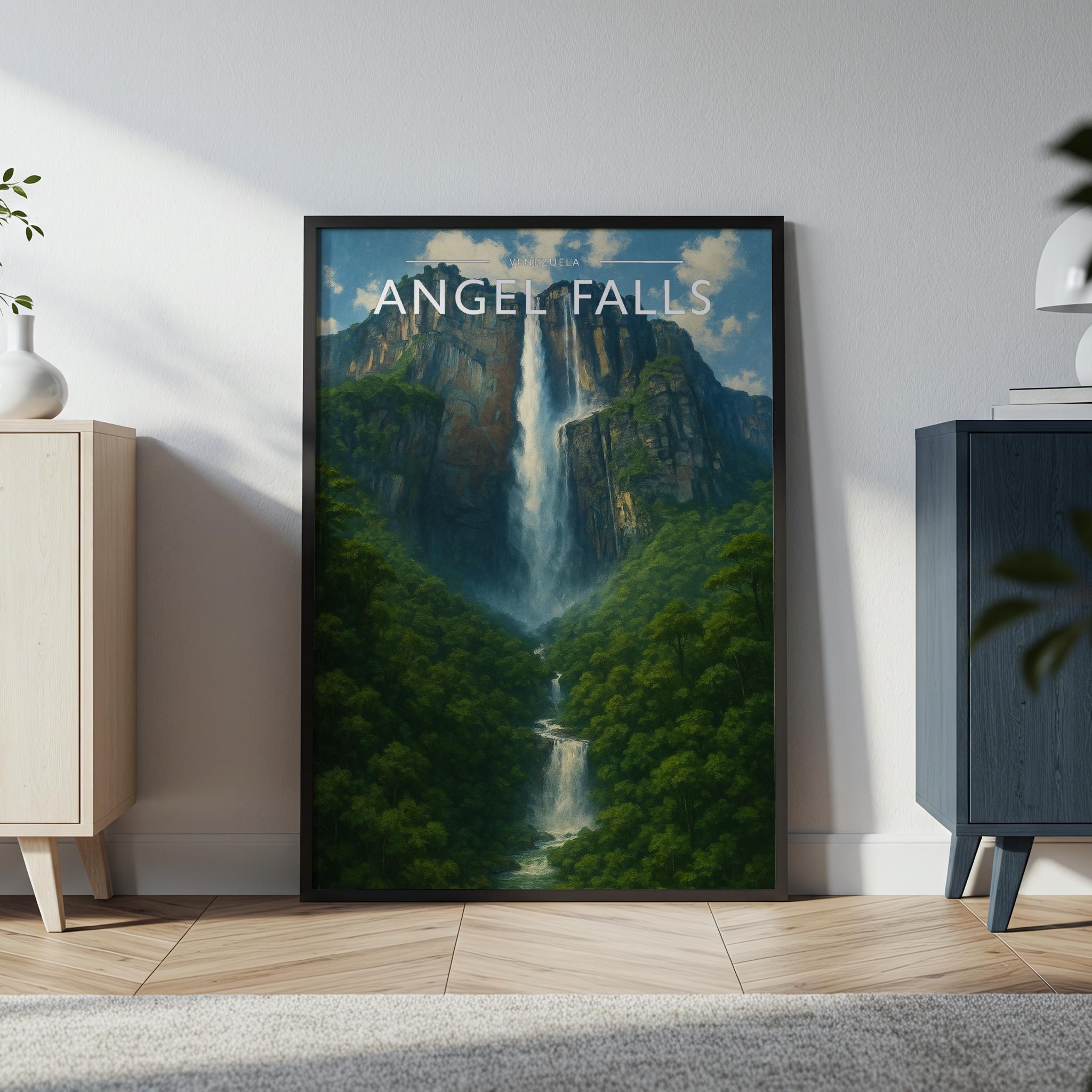 Angel Falls Travel Poster in a black frame