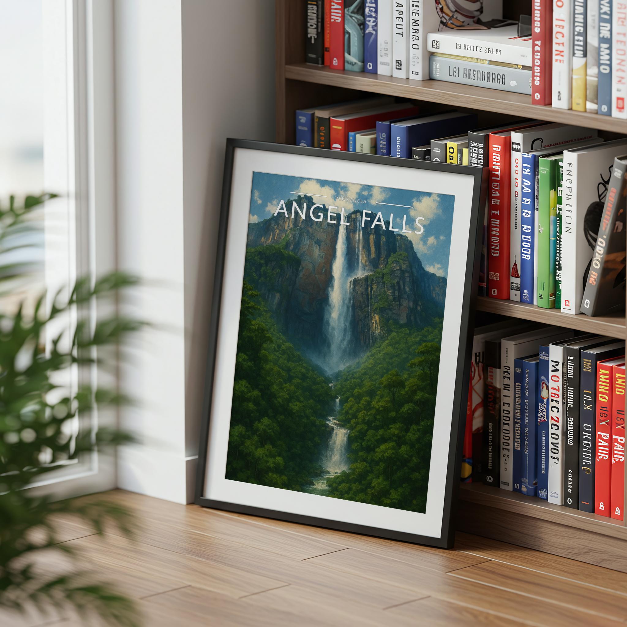 Angel Falls Travel Poster mounted in a black frame