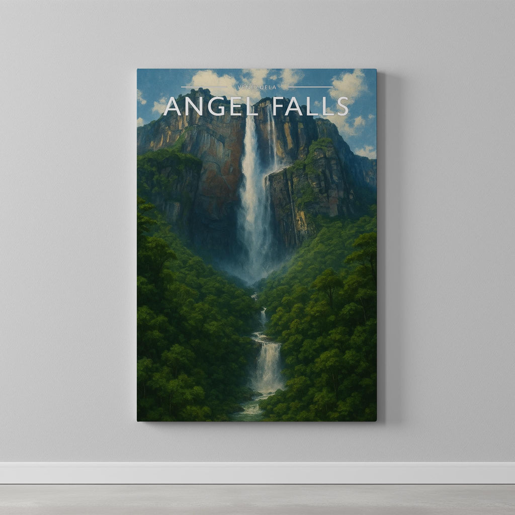 Angel Falls Travel Poster as a gallery-wrapped canvas on a plain wall