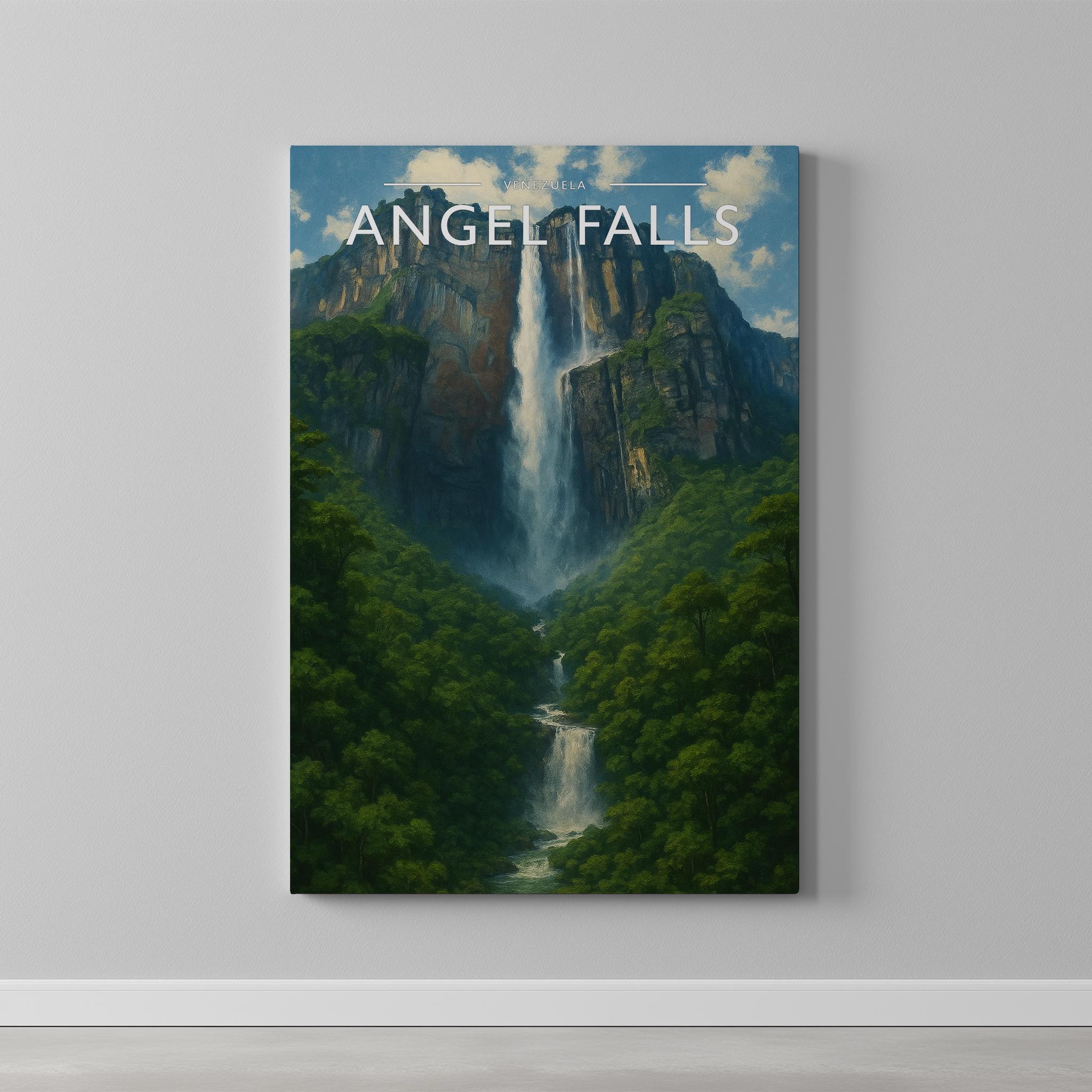 Angel Falls Travel Poster as a gallery-wrapped canvas on a plain wall