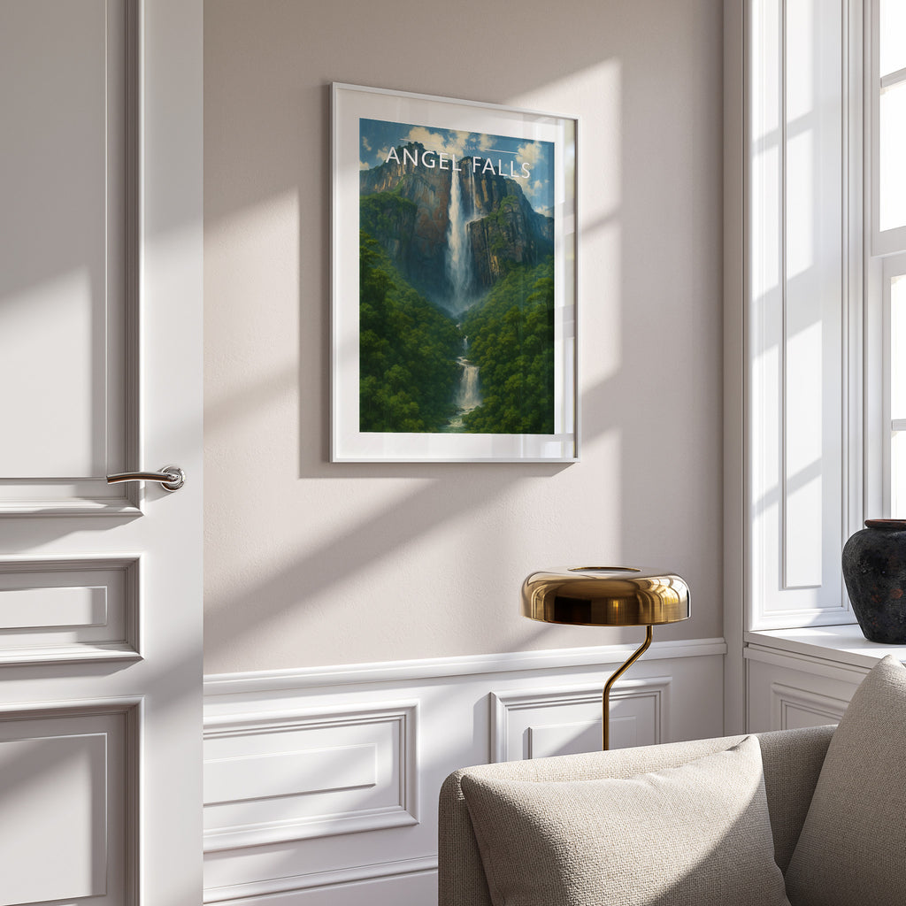 Angel Falls Travel Poster in a white frame on a panelled wall