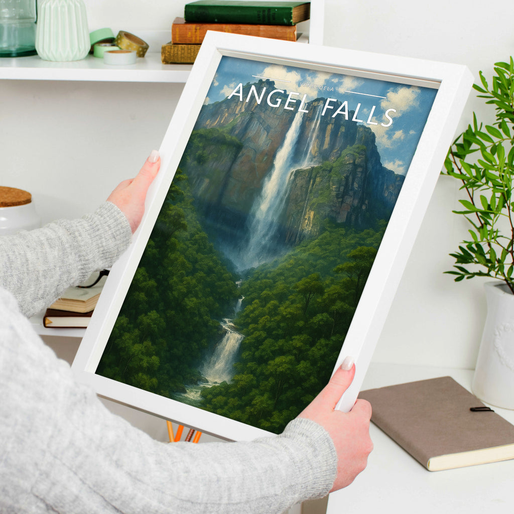 Angel Falls Travel Poster in a white frame, held to show scale