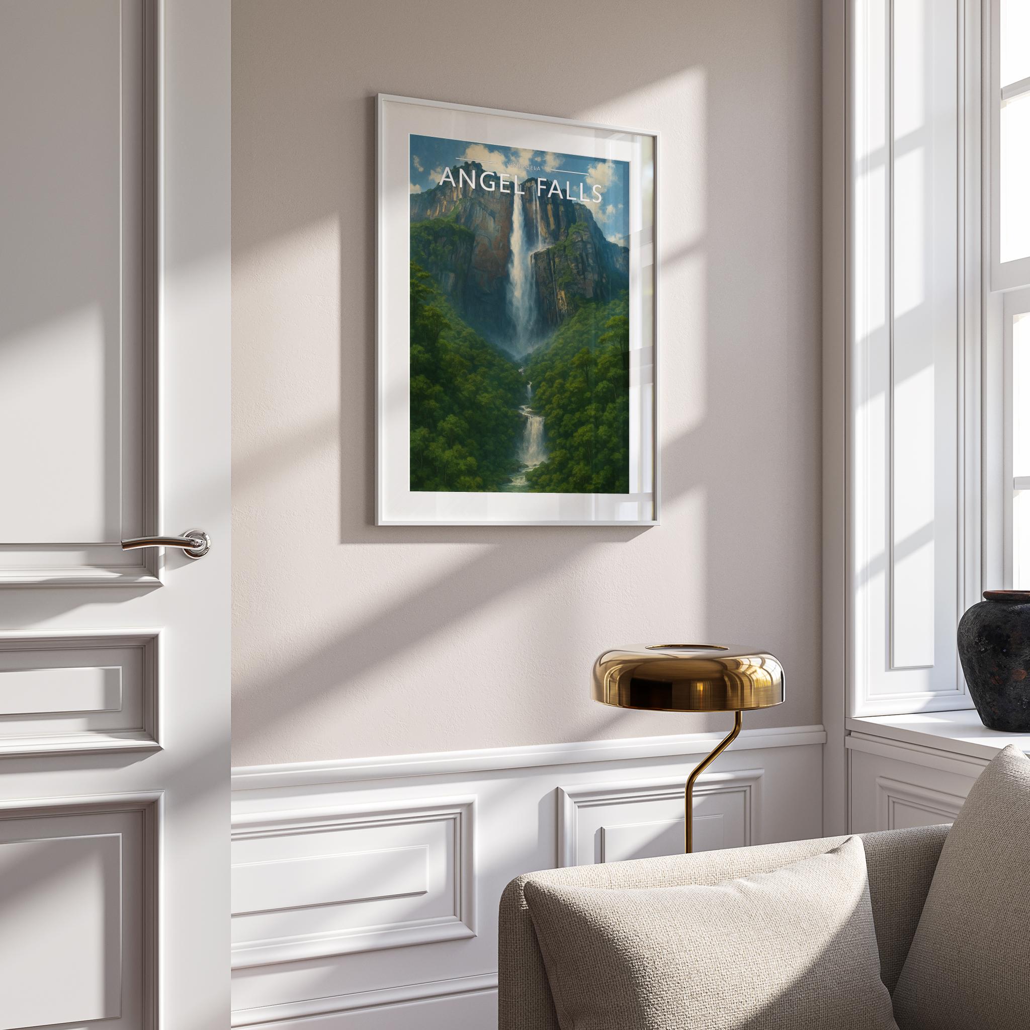 Angel Falls Travel Poster mounted in a white frame