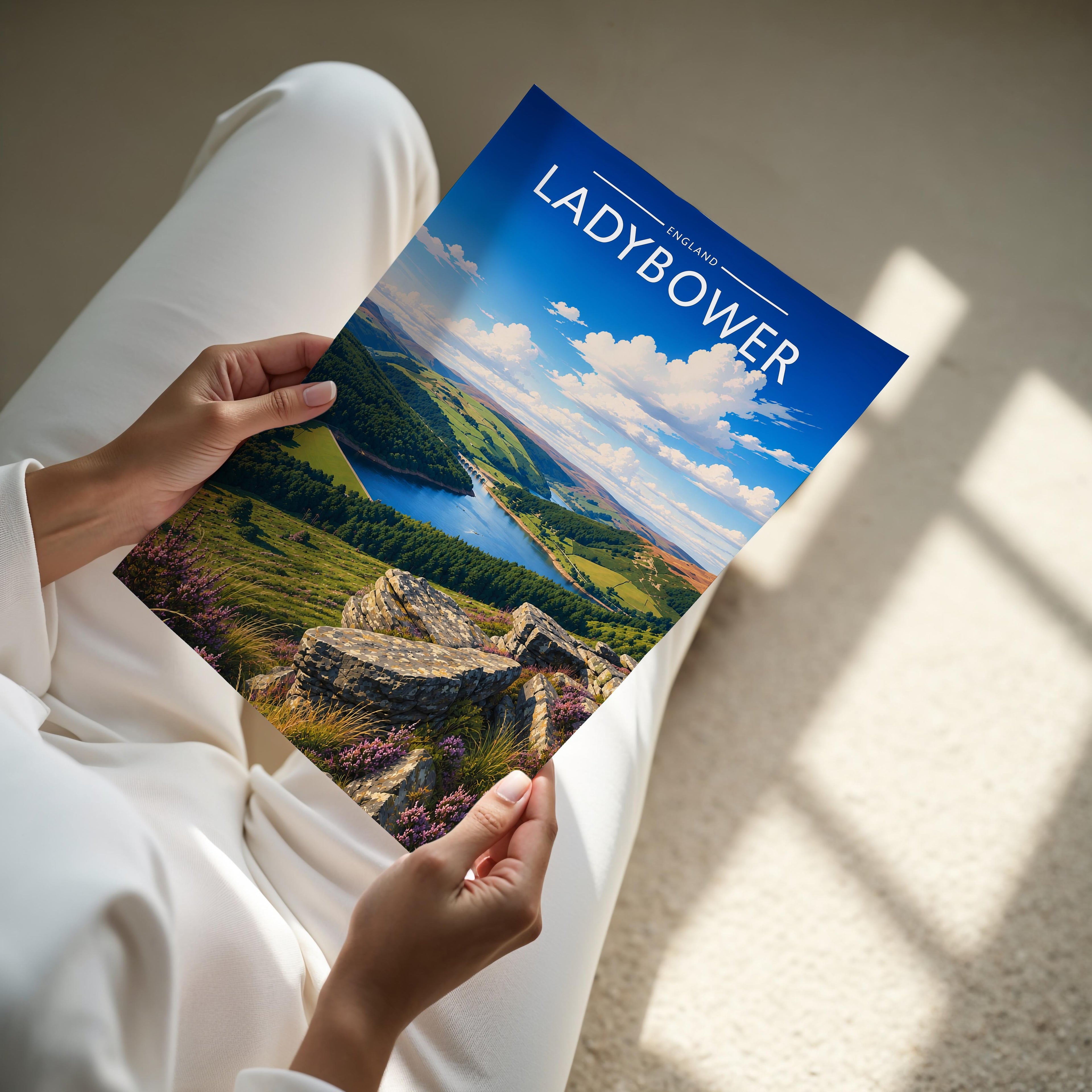 Ladybower Travel Poster - A4 print held in hand