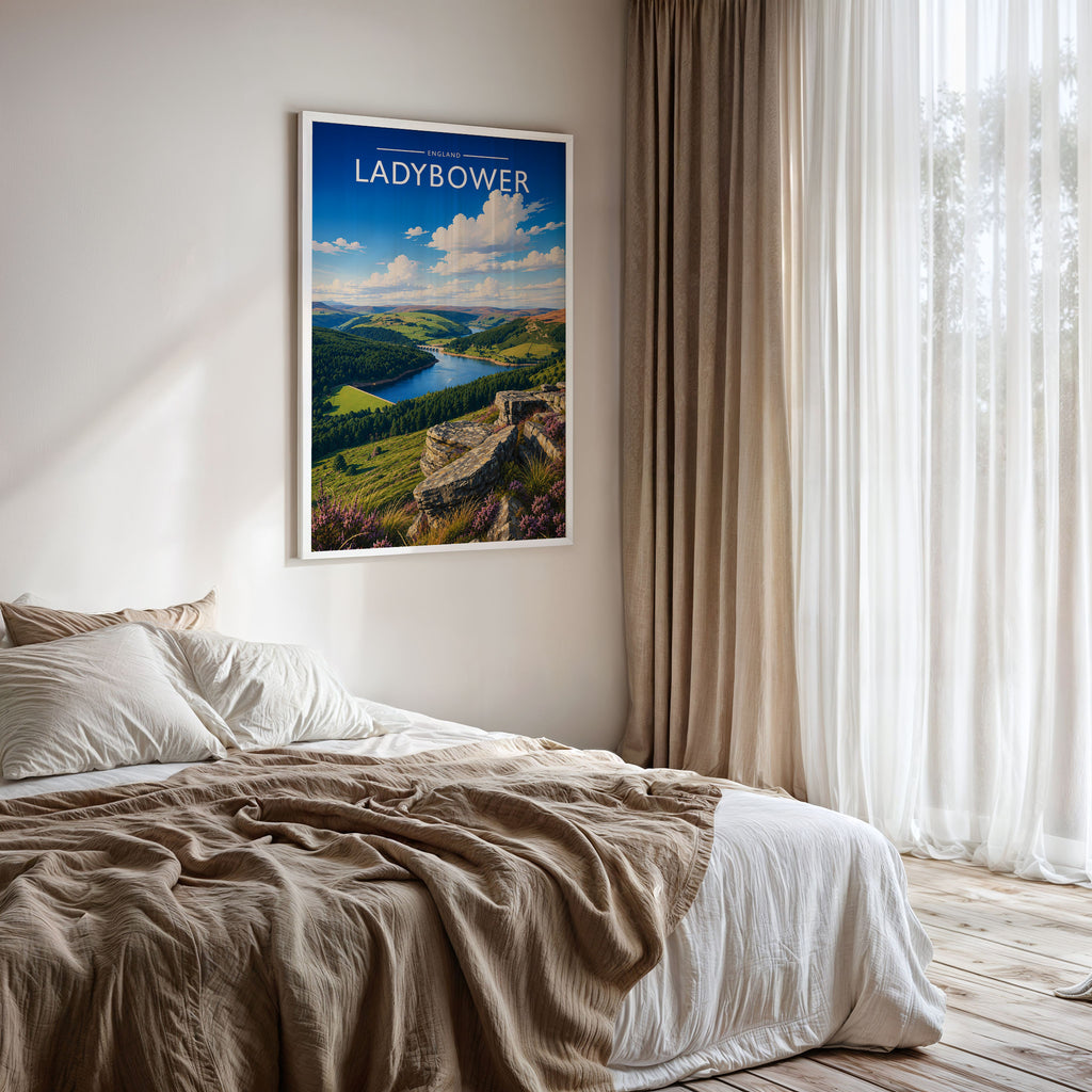 Ladybower Travel Poster framed on a bedroom wall
