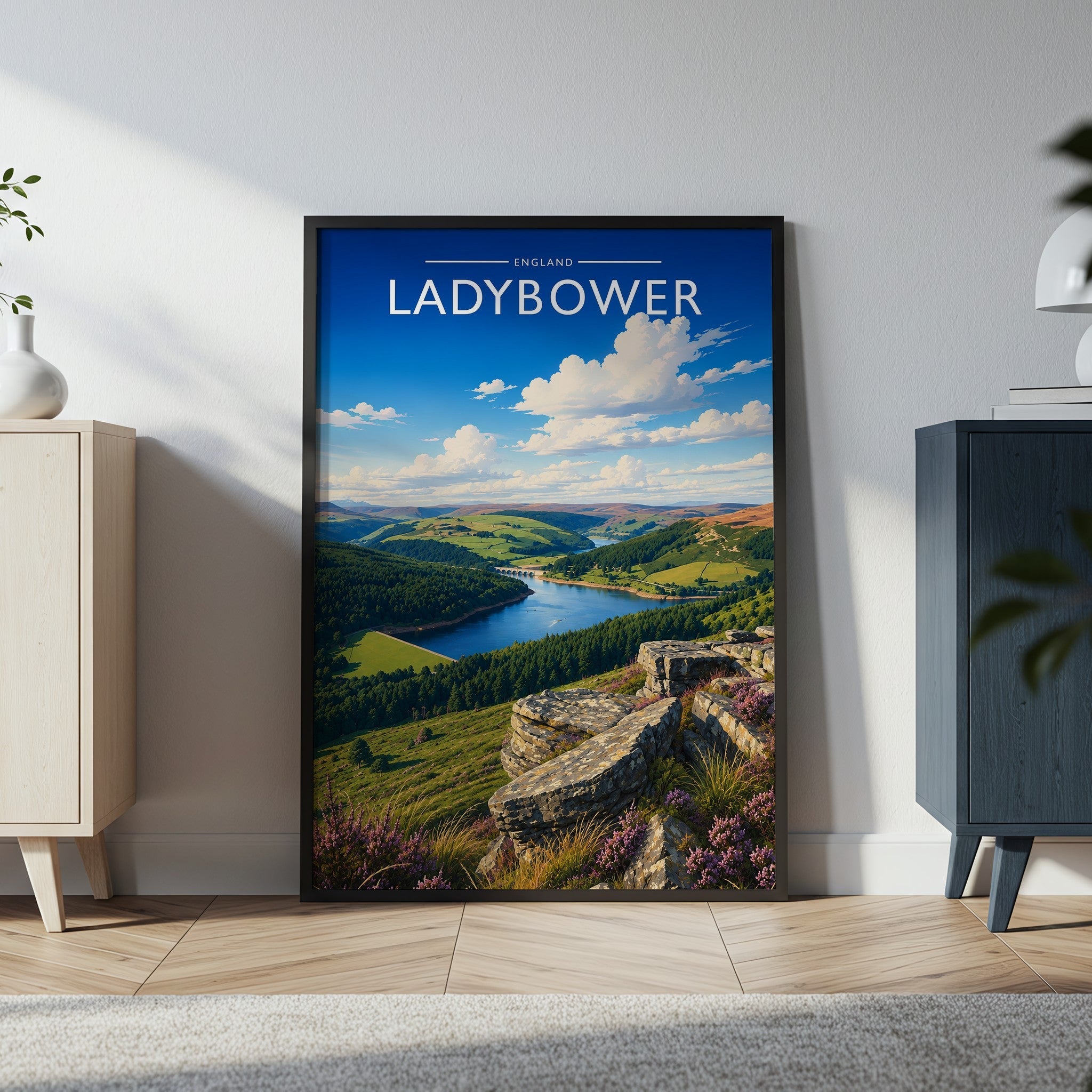Ladybower Travel Poster in a black frame