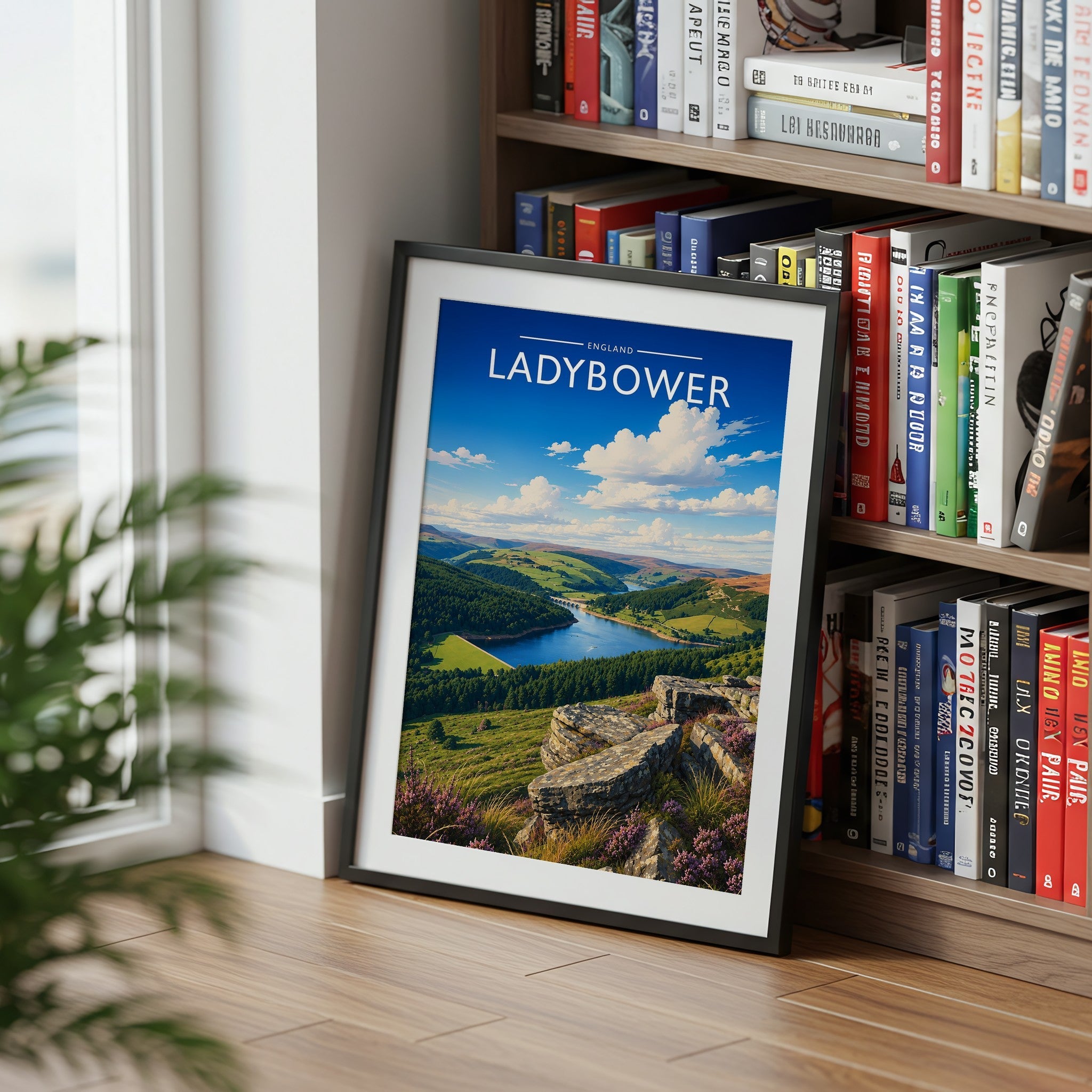 Ladybower Travel Poster mounted in a black frame