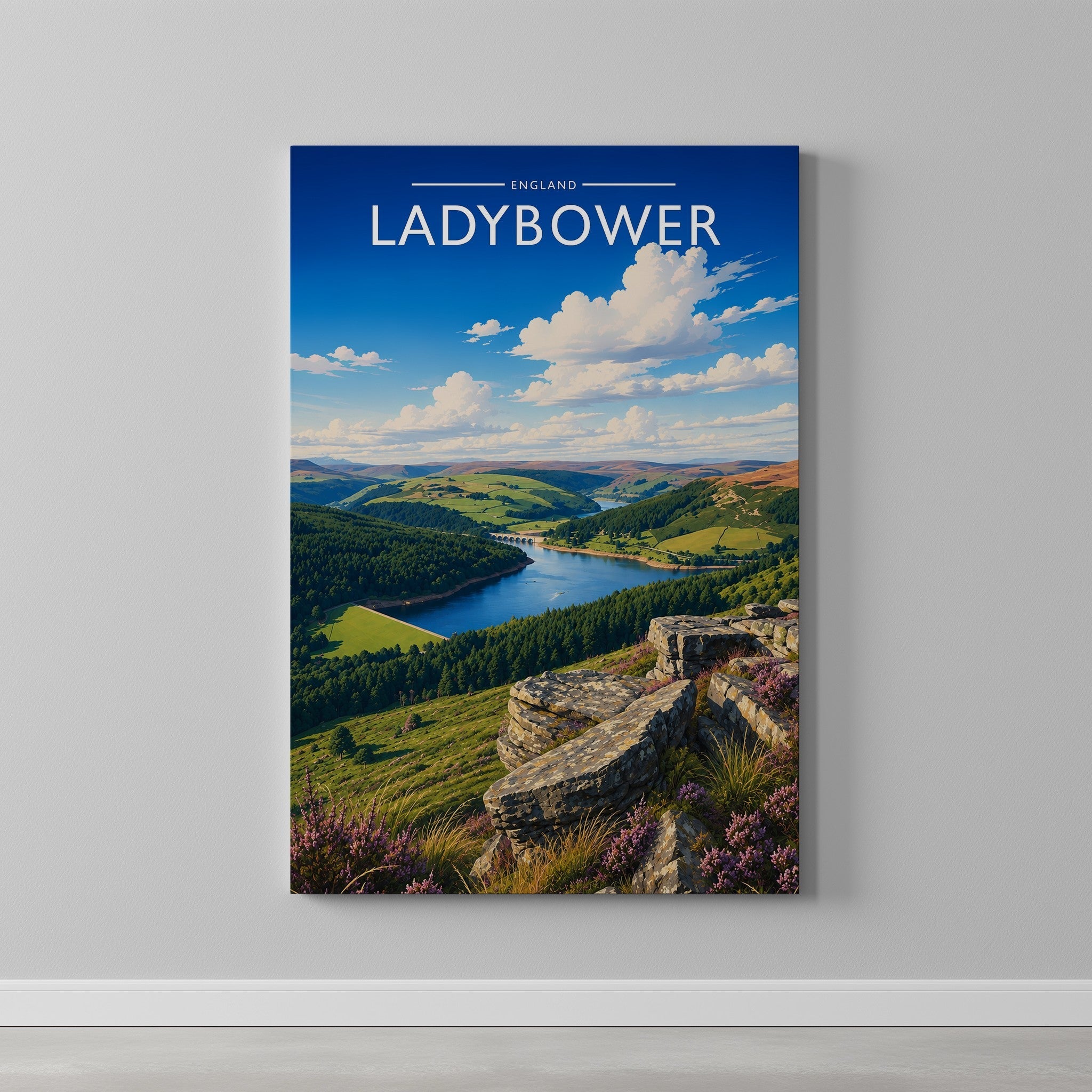 Ladybower Travel Poster as a gallery-wrapped canvas on a plain wall