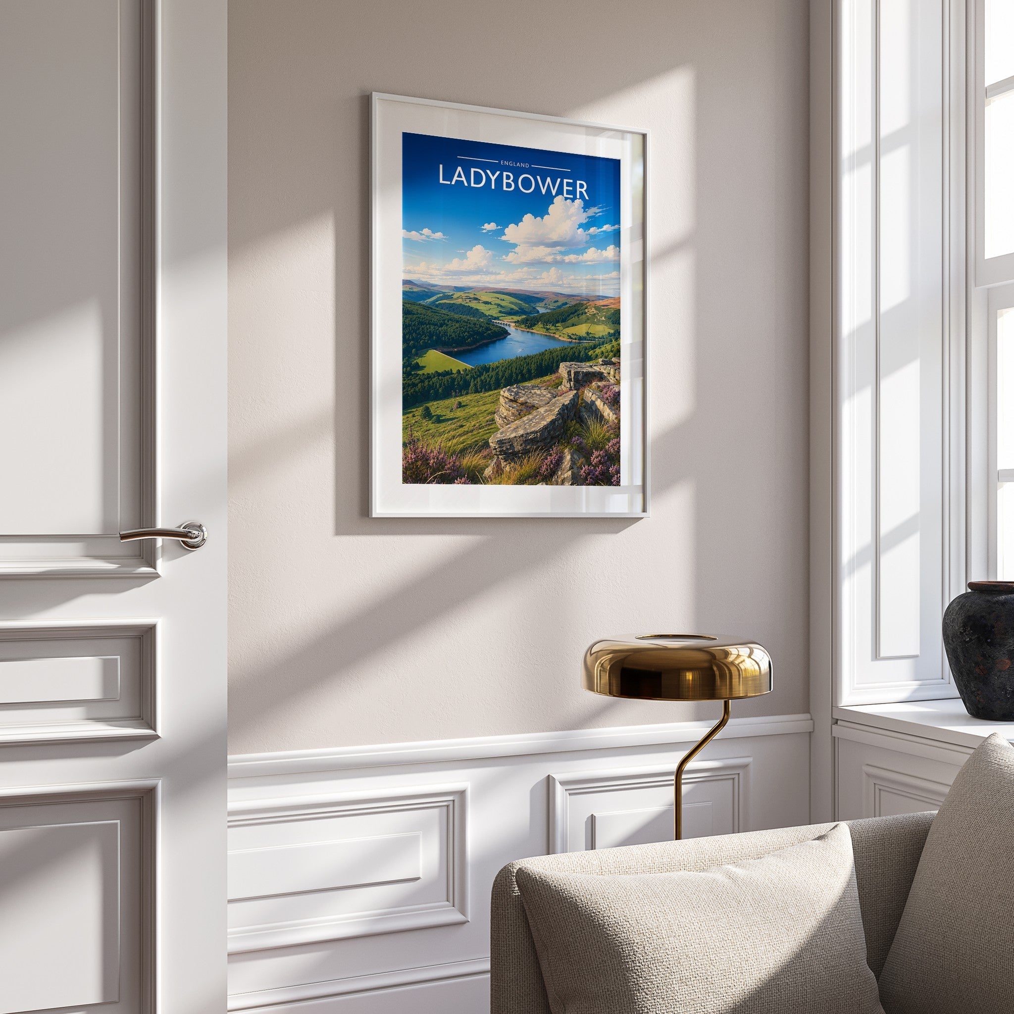 Ladybower Travel Poster mounted in a white frame