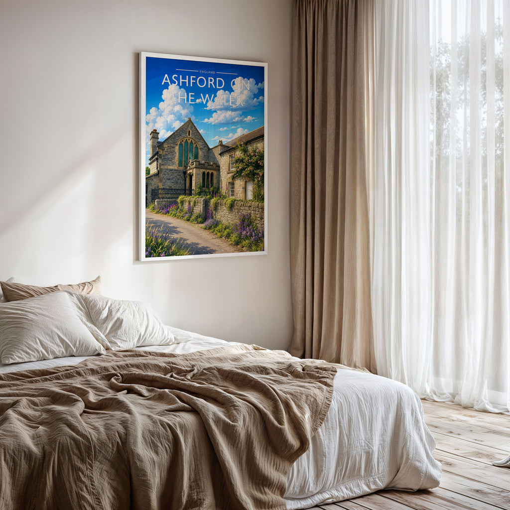 Ashford on the Water Travel Poster framed on a bedroom wall