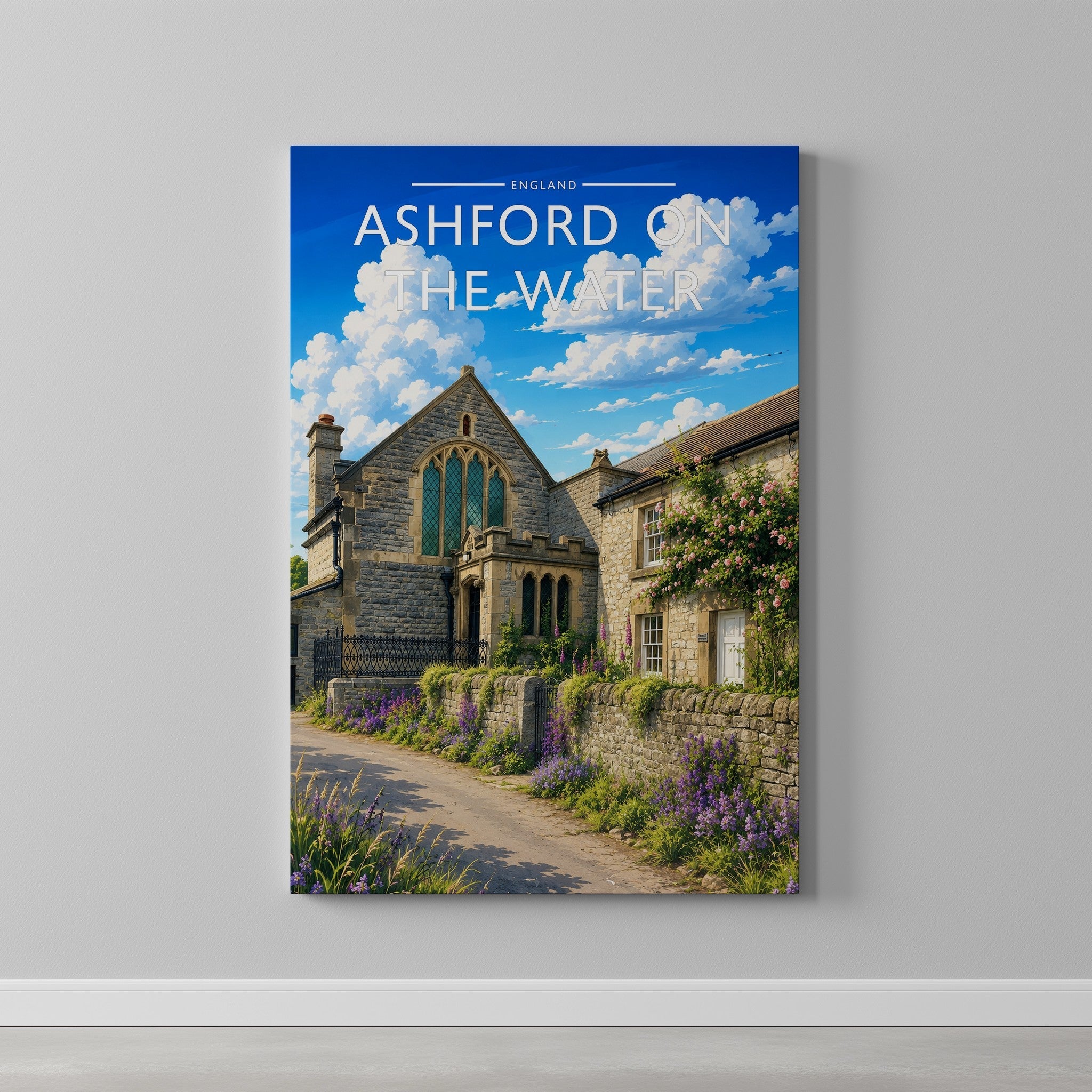Ashford on the Water Travel Poster as a gallery-wrapped canvas on a plain wall