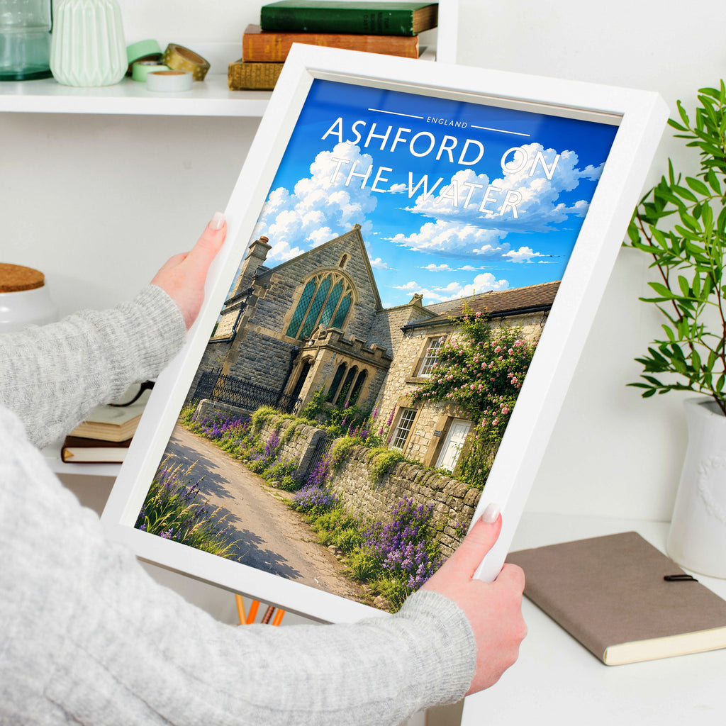 Ashford on the Water Travel Poster in a white frame, held to show scale