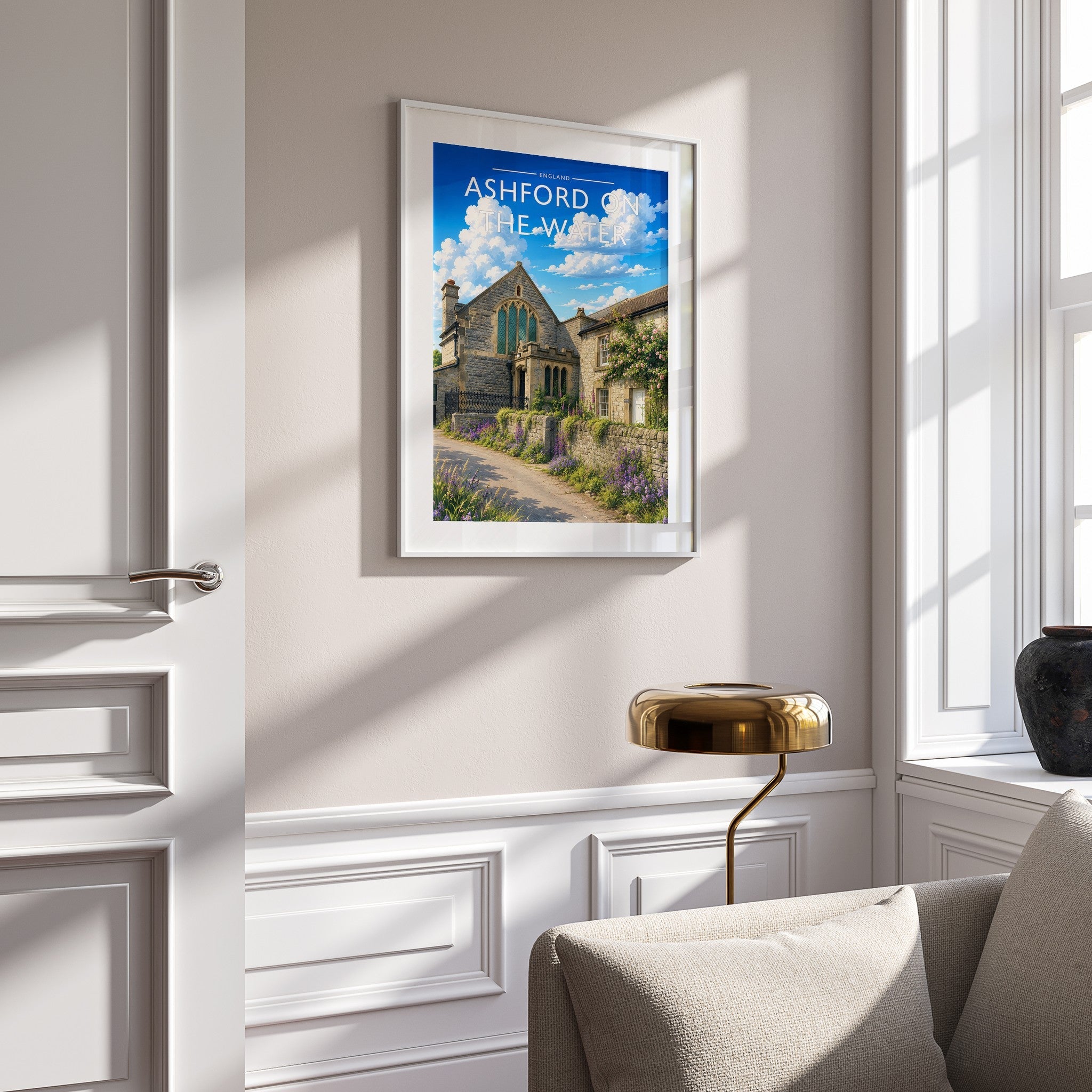 Ashford on the Water Travel Poster mounted in a white frame