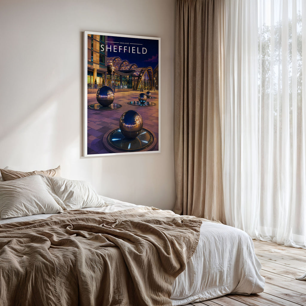 Sheffield #5 Travel Poster framed on a bedroom wall