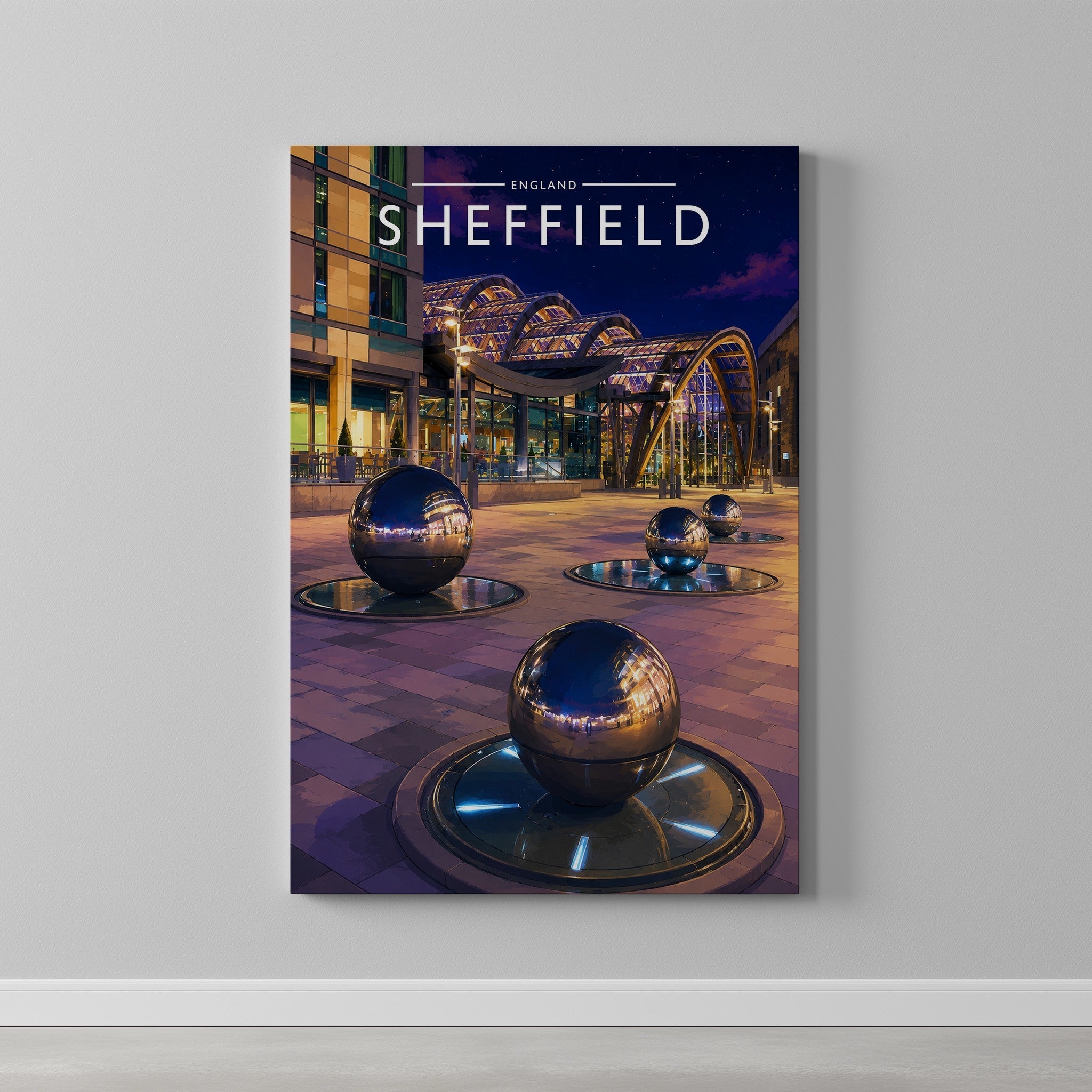 Sheffield #5 Travel Poster as a gallery-wrapped canvas on a plain wall