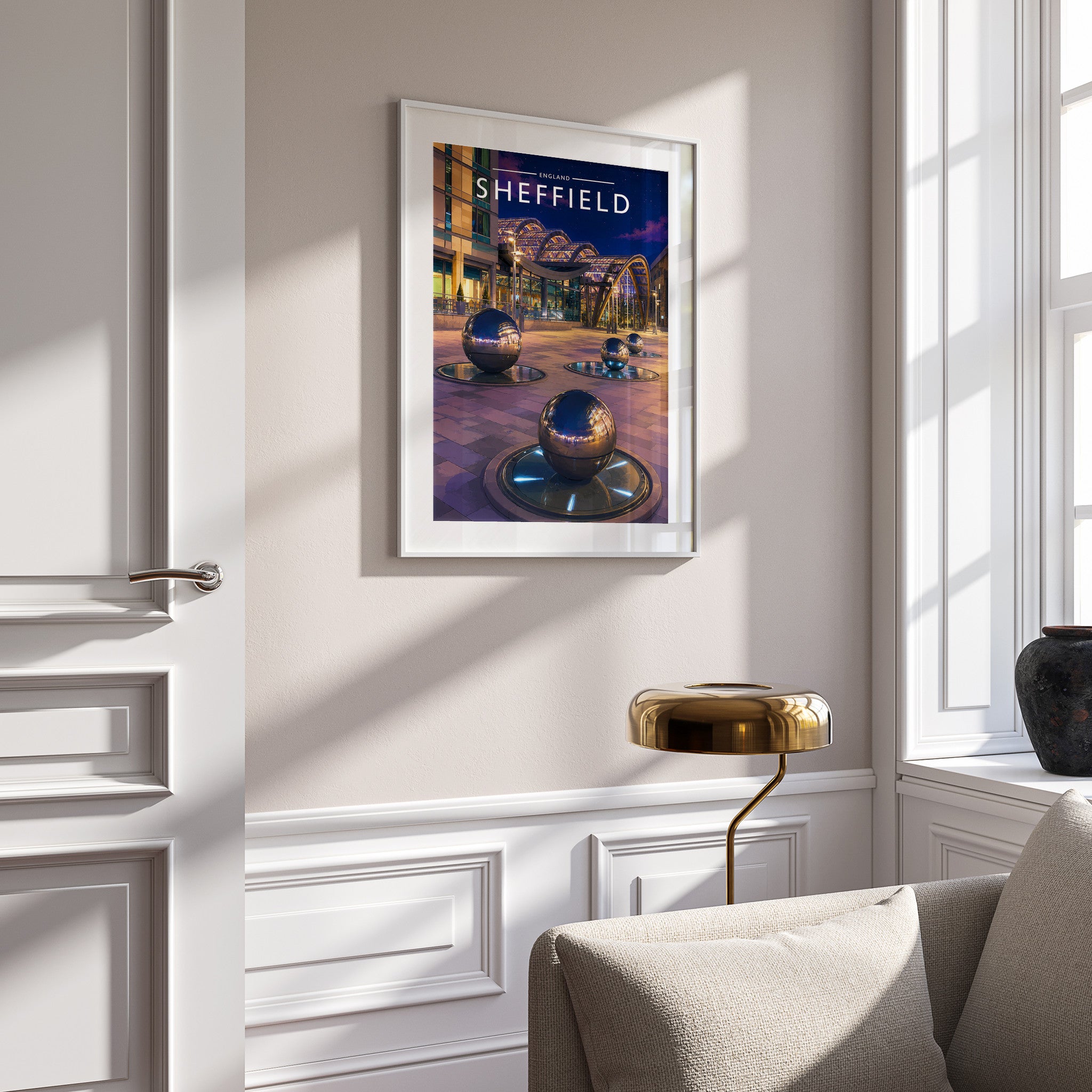 Sheffield #5 Travel Poster in a white frame on a panelled wall