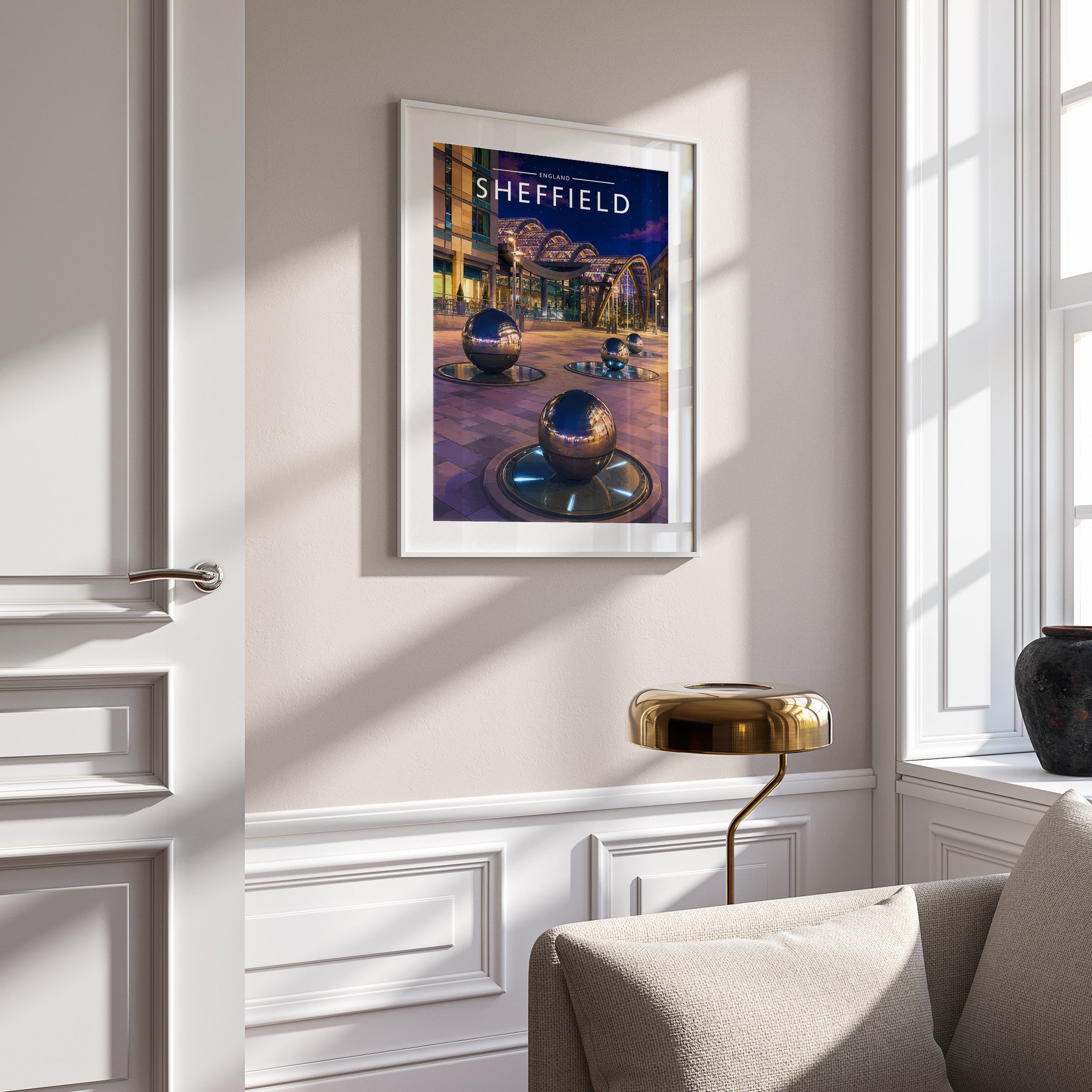 Sheffield #5 Travel Poster mounted in a white frame